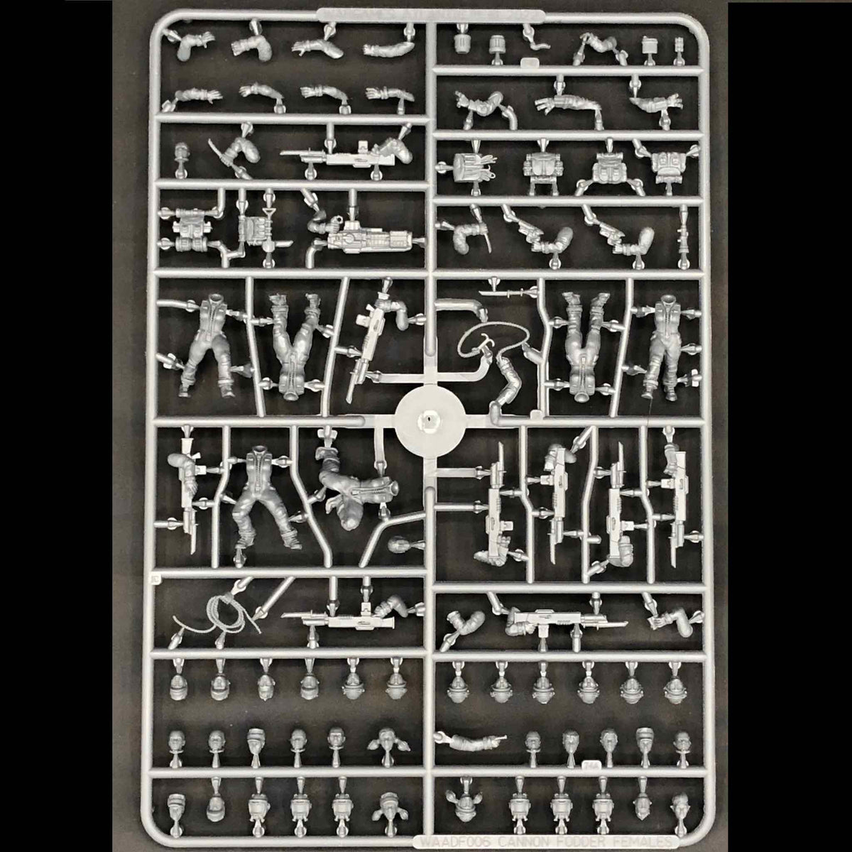 Front view of the unpainted Cannon Fodder 2 Females sprue showing weapons, torsos, and heads