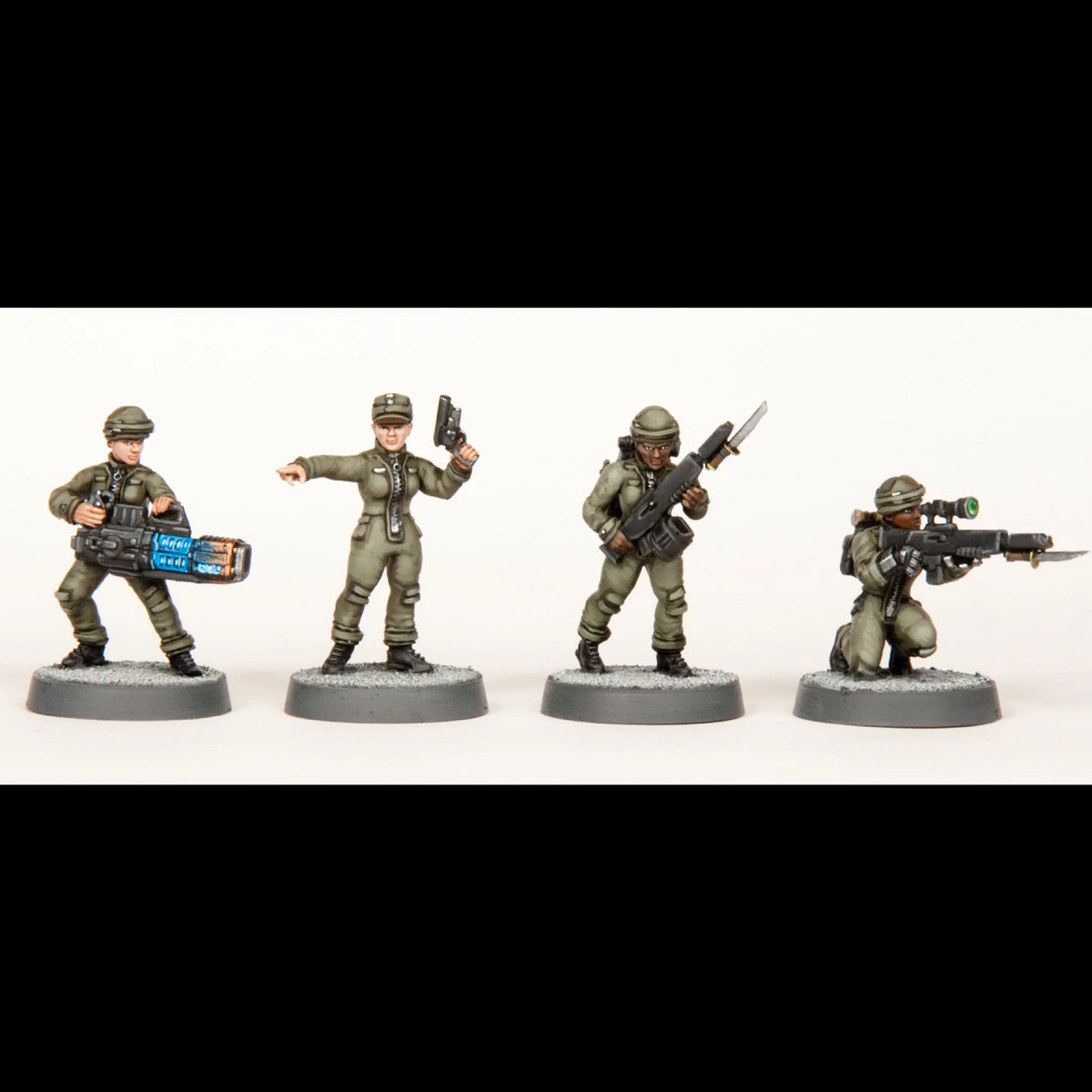 Painted female sci-fi troopers armed with heavy plasma gun, sniper rifle, and sidearm