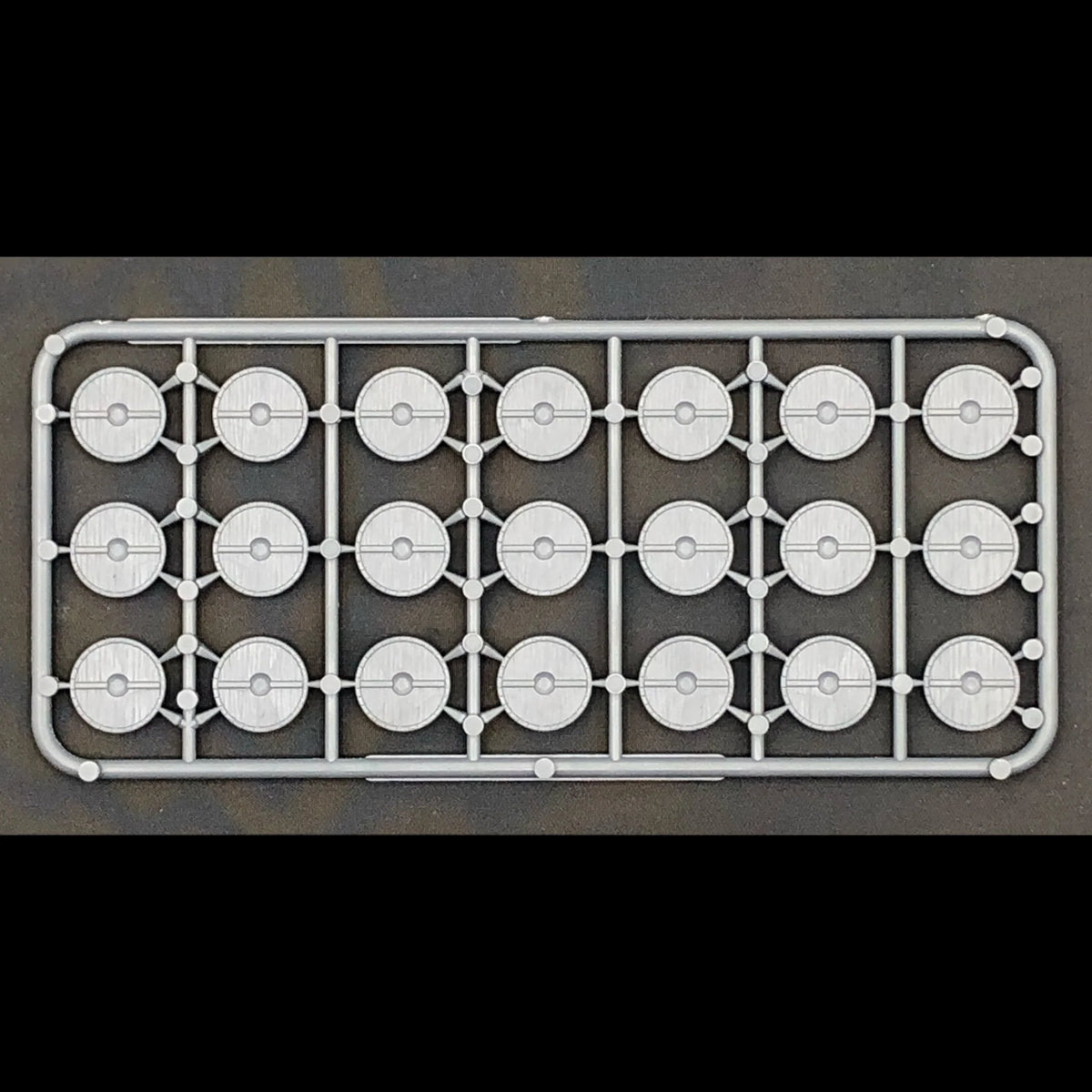 Front view of the Wargames Atlantic plastic sprue containing twenty-one Dark Ages round shields 