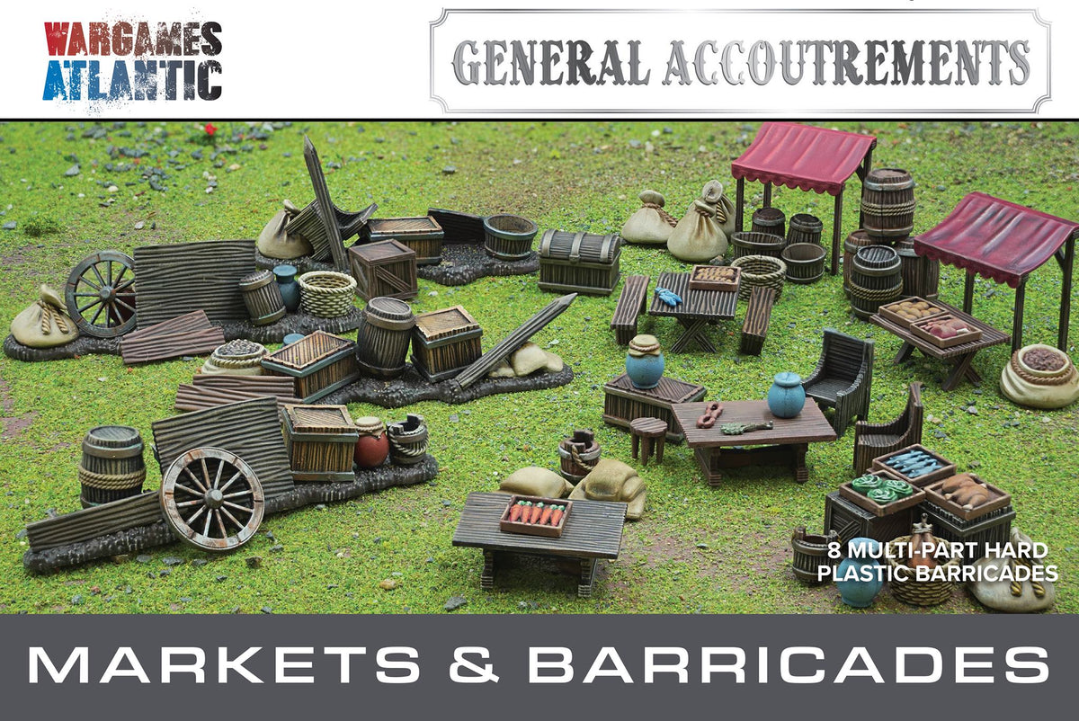 Wargames Atlantic General Accoutrements Markets and Barricades 28mm plastic accessories box front artwork 