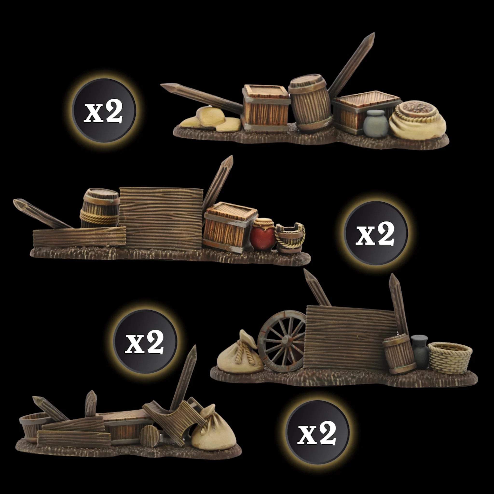 Painted examples of the medieval market and barricade scenery included in the box.