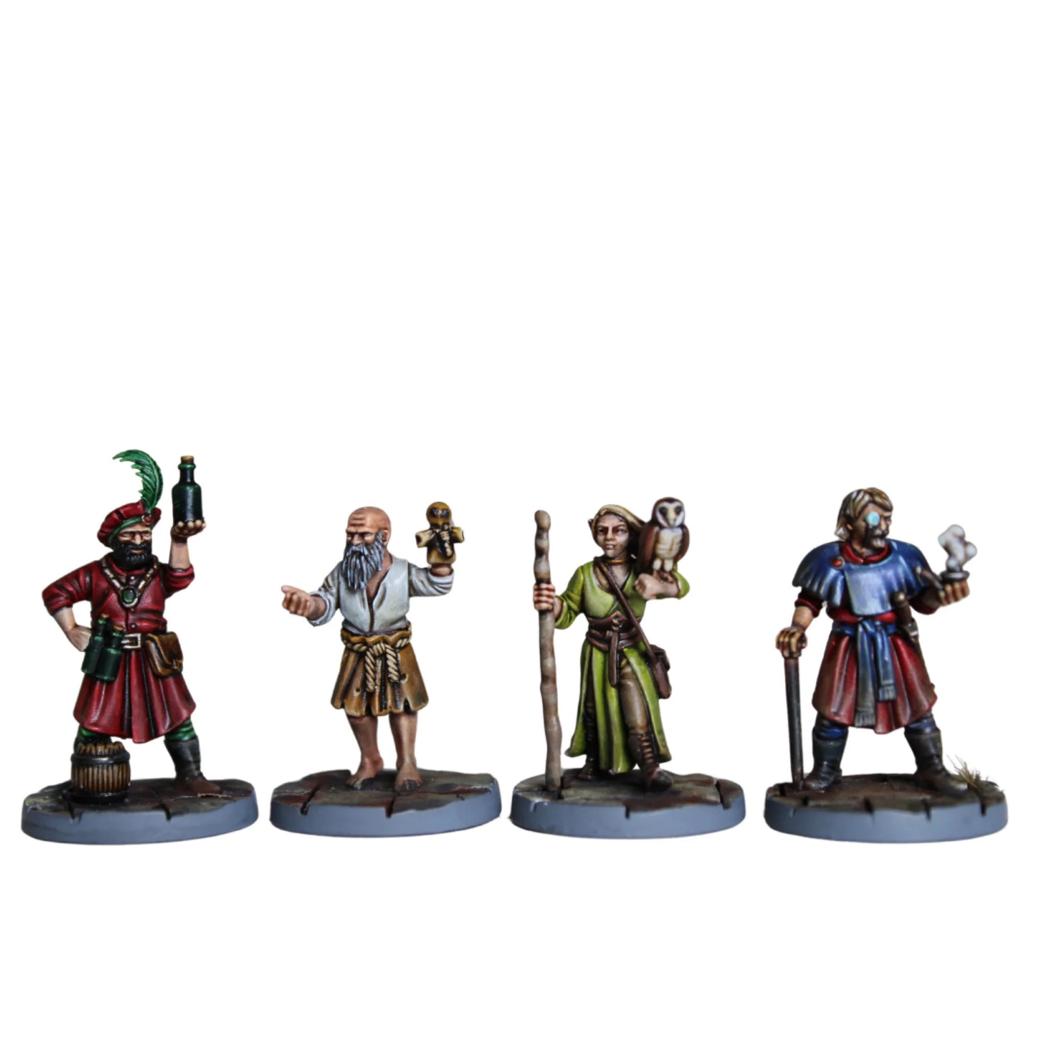 Detailed view of painted unique characters including a wealthy merchant, dynamic townsperson, and a scholar holding a staff and owl
