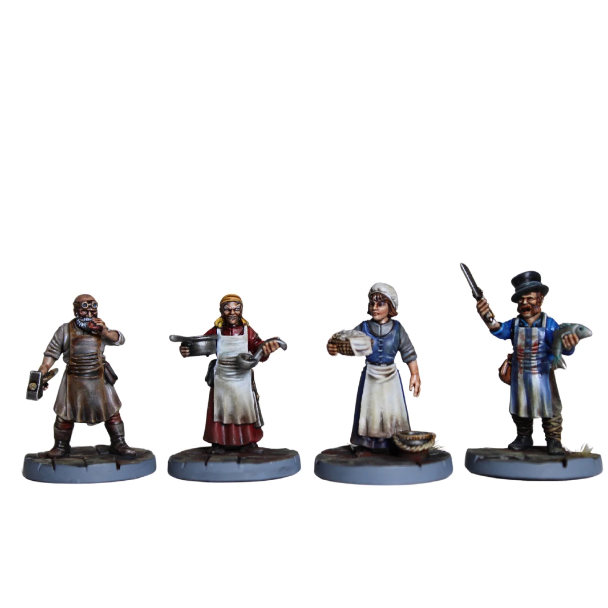 Close-up view of painted villager miniatures including a blacksmith, cook, maid, and butcher