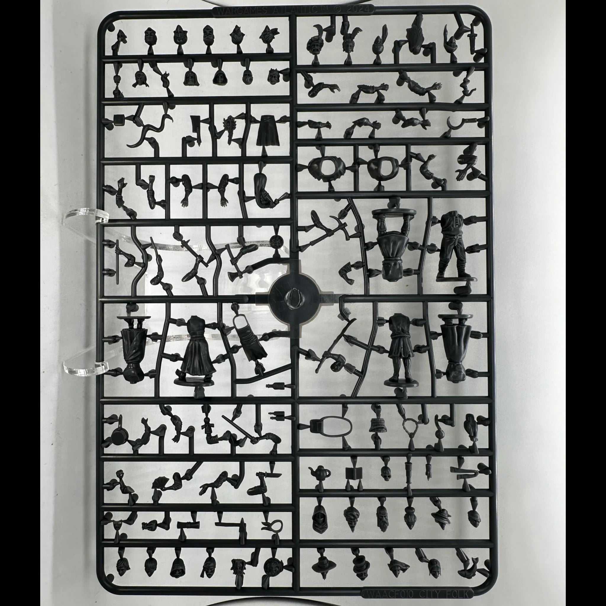 Wargames Atlantic Villagers hard plastic sprue front highlighting the multi-part body components and custom heads