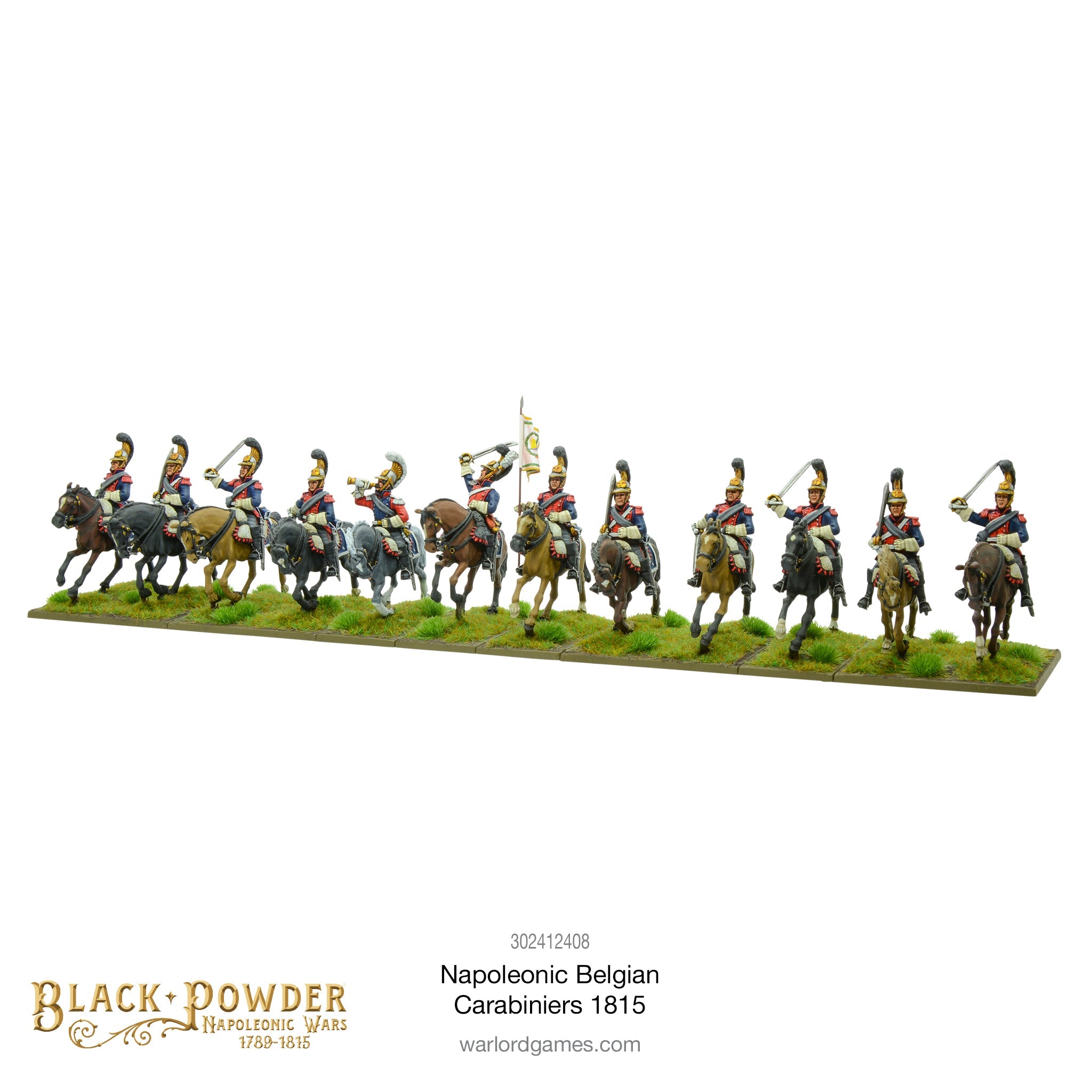 Full Line Deployment View of Twelve Painted 28mm Warlord Resin Belgian Carabiniers Heavy Cavalry