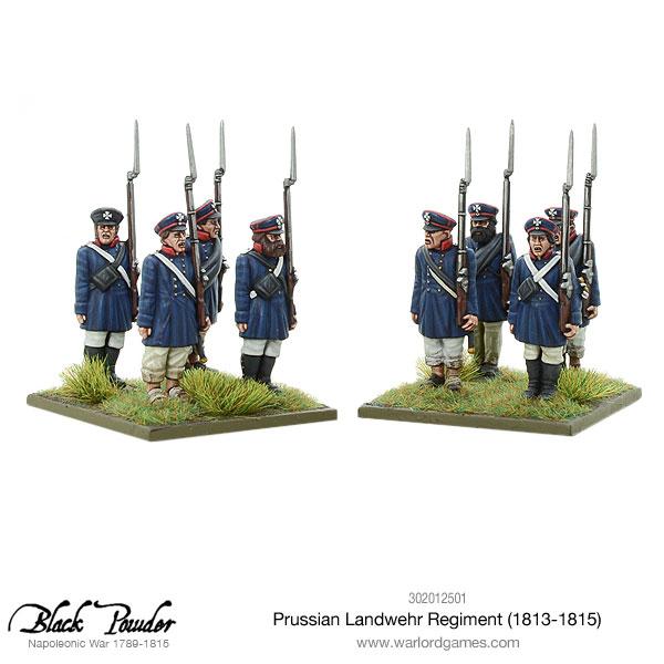 Side Profile of Painted Warlord Games Prussian Landwehr Miniatures in Dark Blue Uniforms