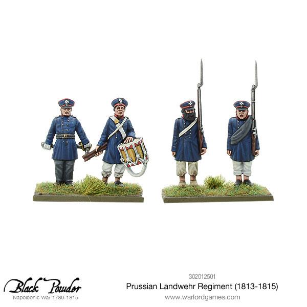 Painted 28mm Prussian Landwehr Metal Officer and Drummer Command Miniatures alongside Infantry