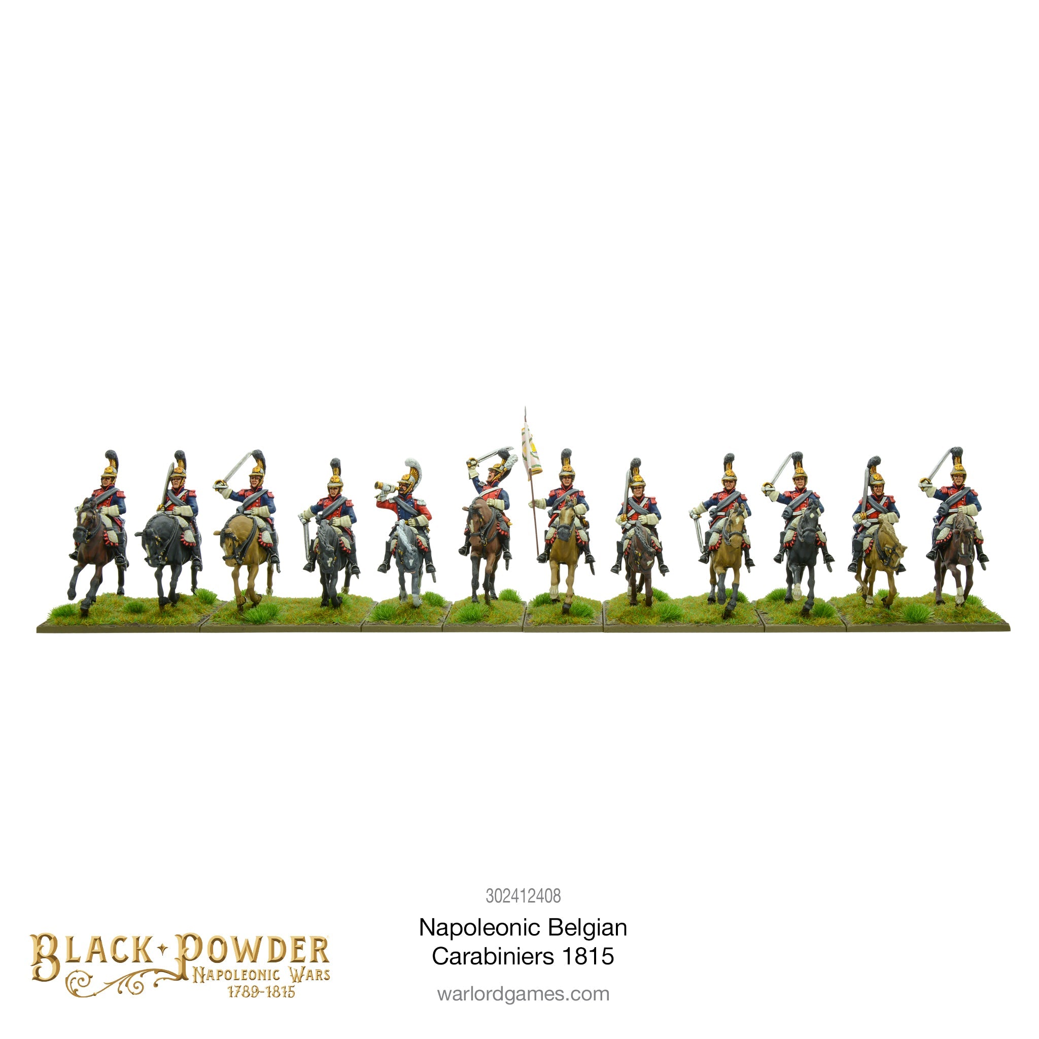 Frontal View Alignment of Twelve Assembled and Painted 28mm Scale Belgian Carabiniers