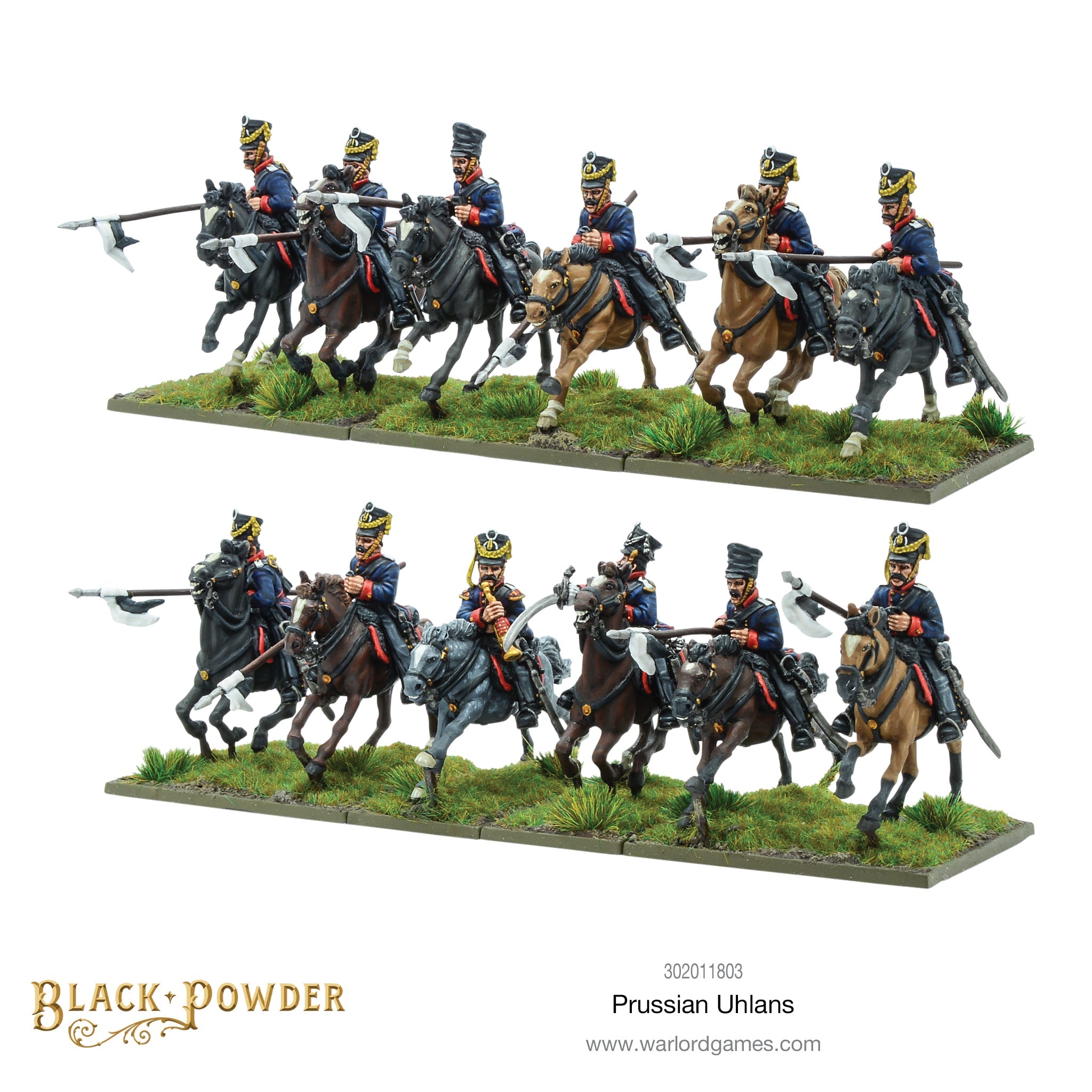 Profile View of Painted Warlord Resin Prussian Uhlan Cavalry Miniatures Including Officer and Bugler