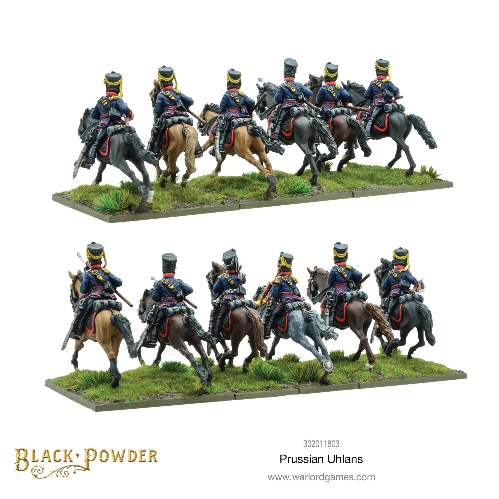Rear View of Painted 28mm Prussian Uhlan Lancers Mounted on Charging Warhorses