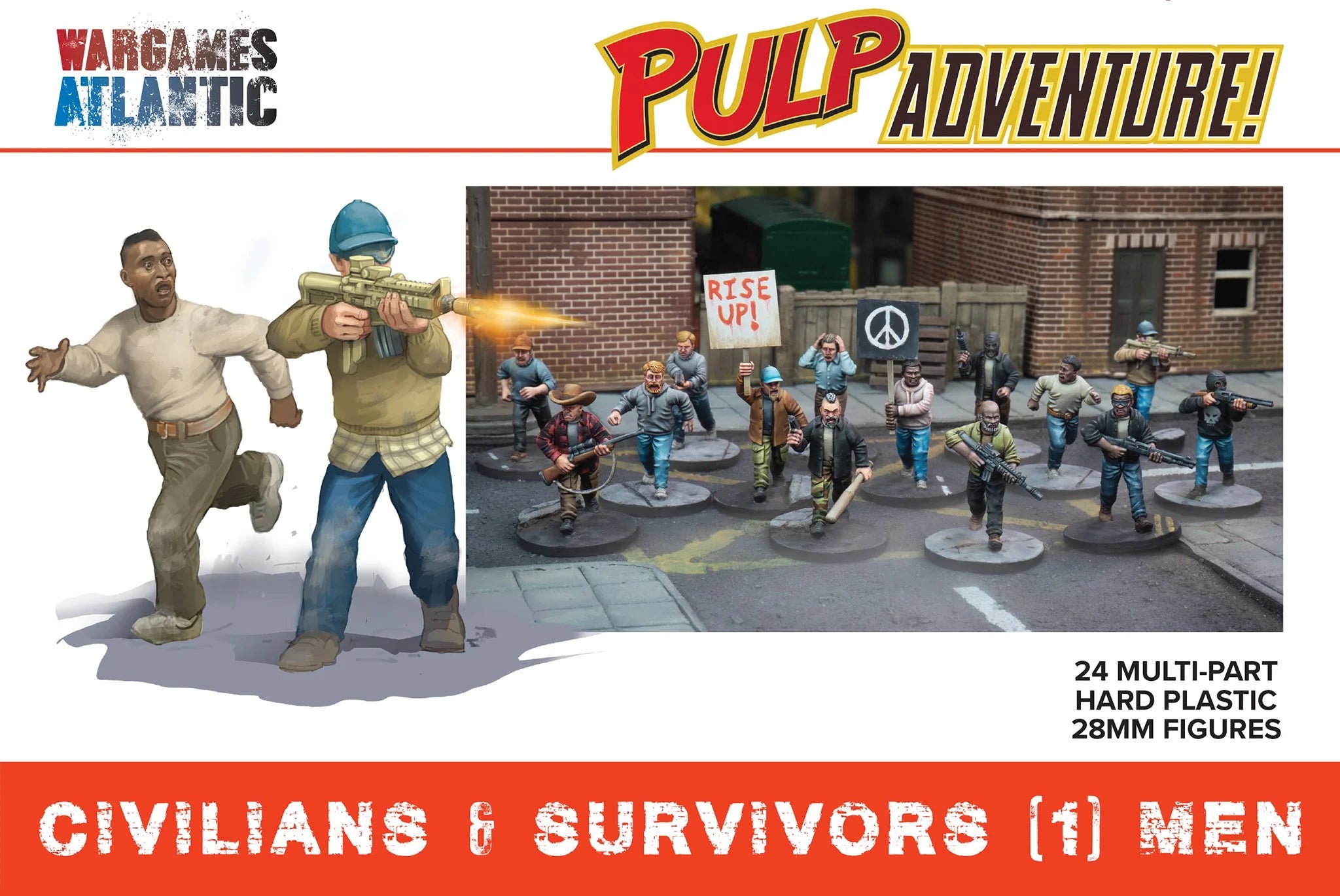 Wargames Atlantic Pulp Adventure Civilians and Survivors Men 28mm plastic figure box front artwork