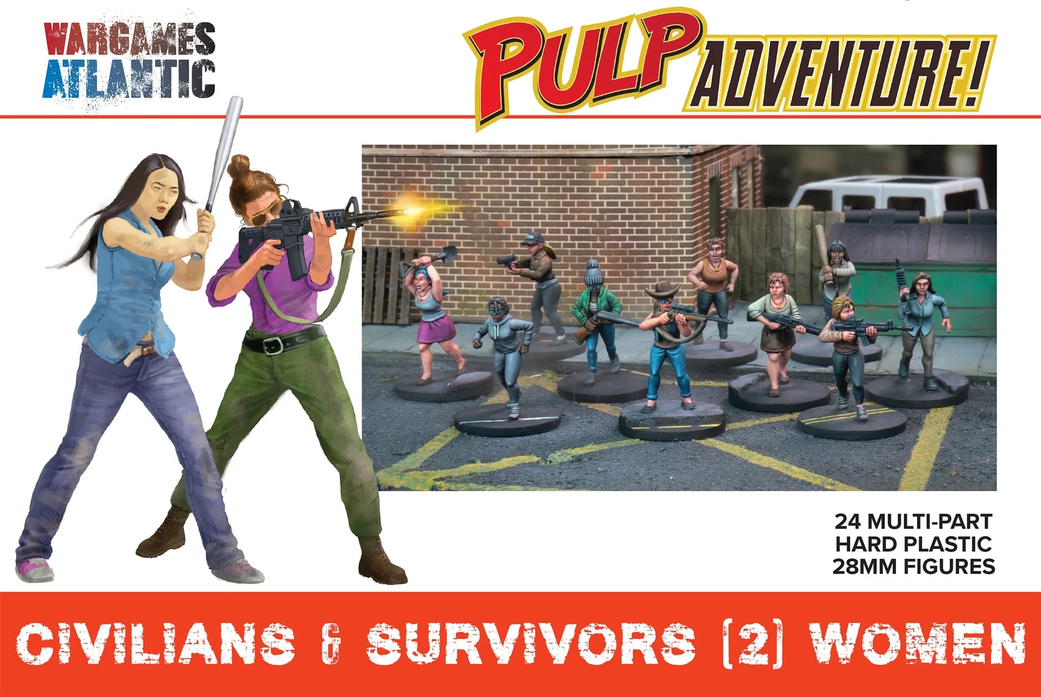 Wargames Atlantic Pulp Adventure Civilians and Survivors Women 28mm plastic figure box front artwork