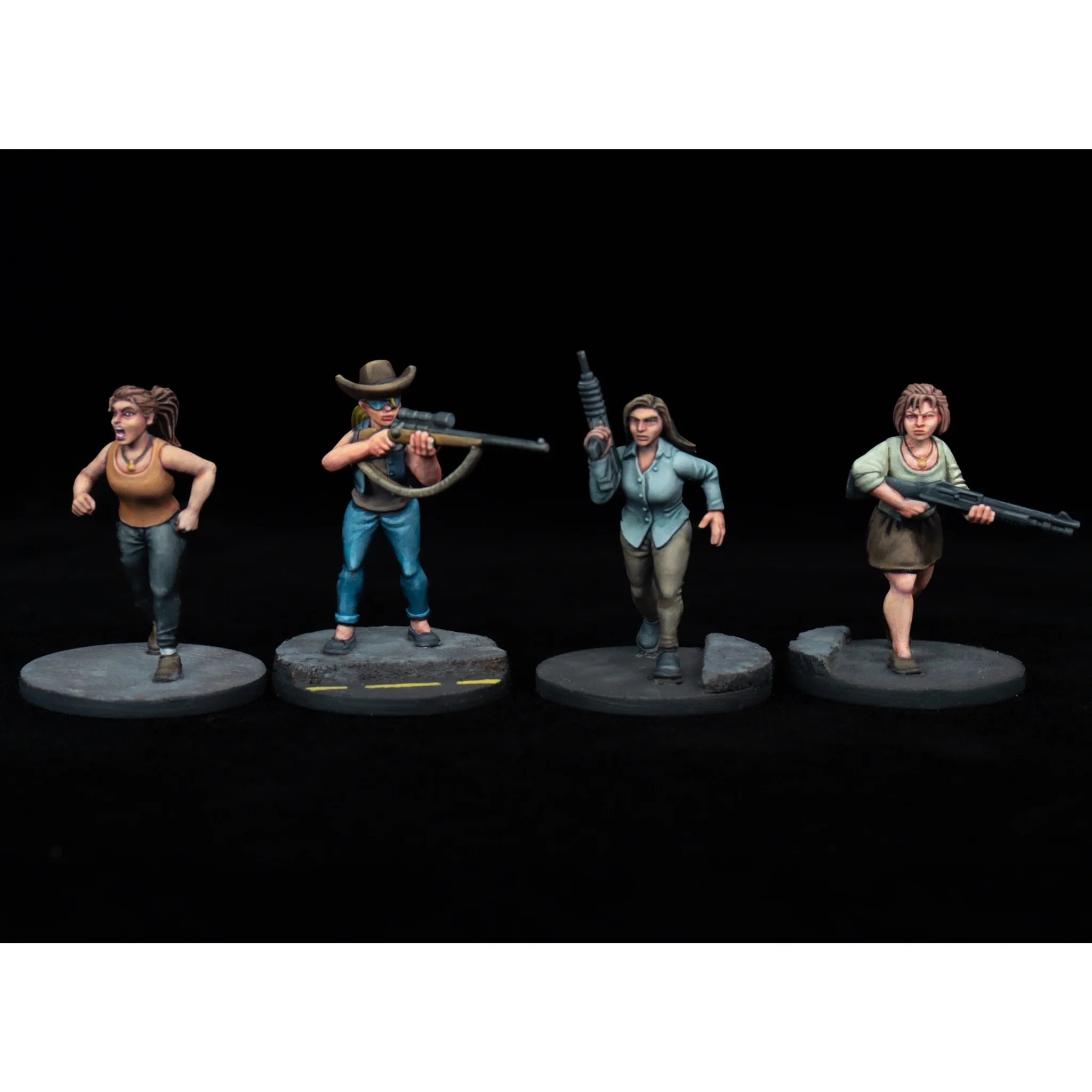 Four painted civilian women miniatures including a sniper, an assault rifle gunner, and a shotgun survivor