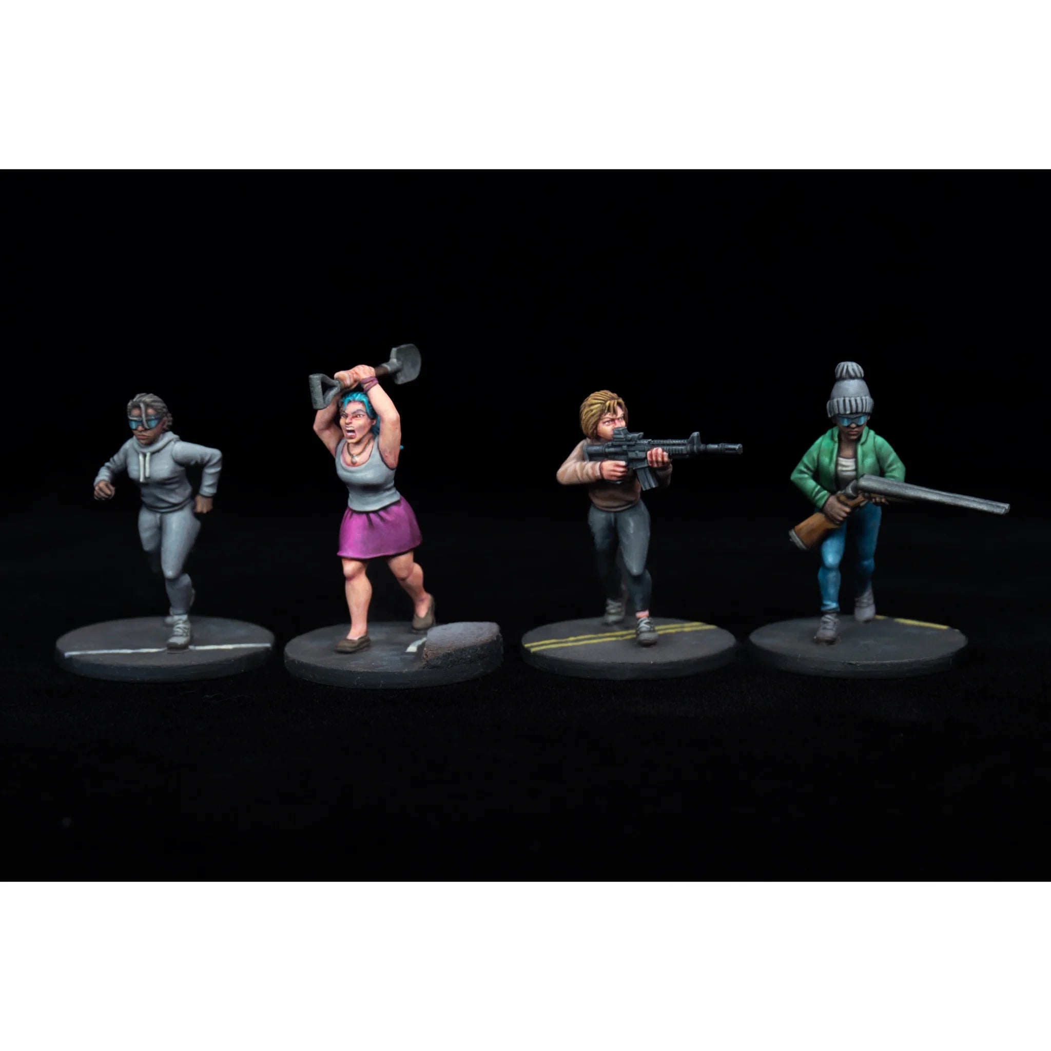 Four painted miniatures showcasing a woman wielding a shovel, a runner, and dynamic firearm stances