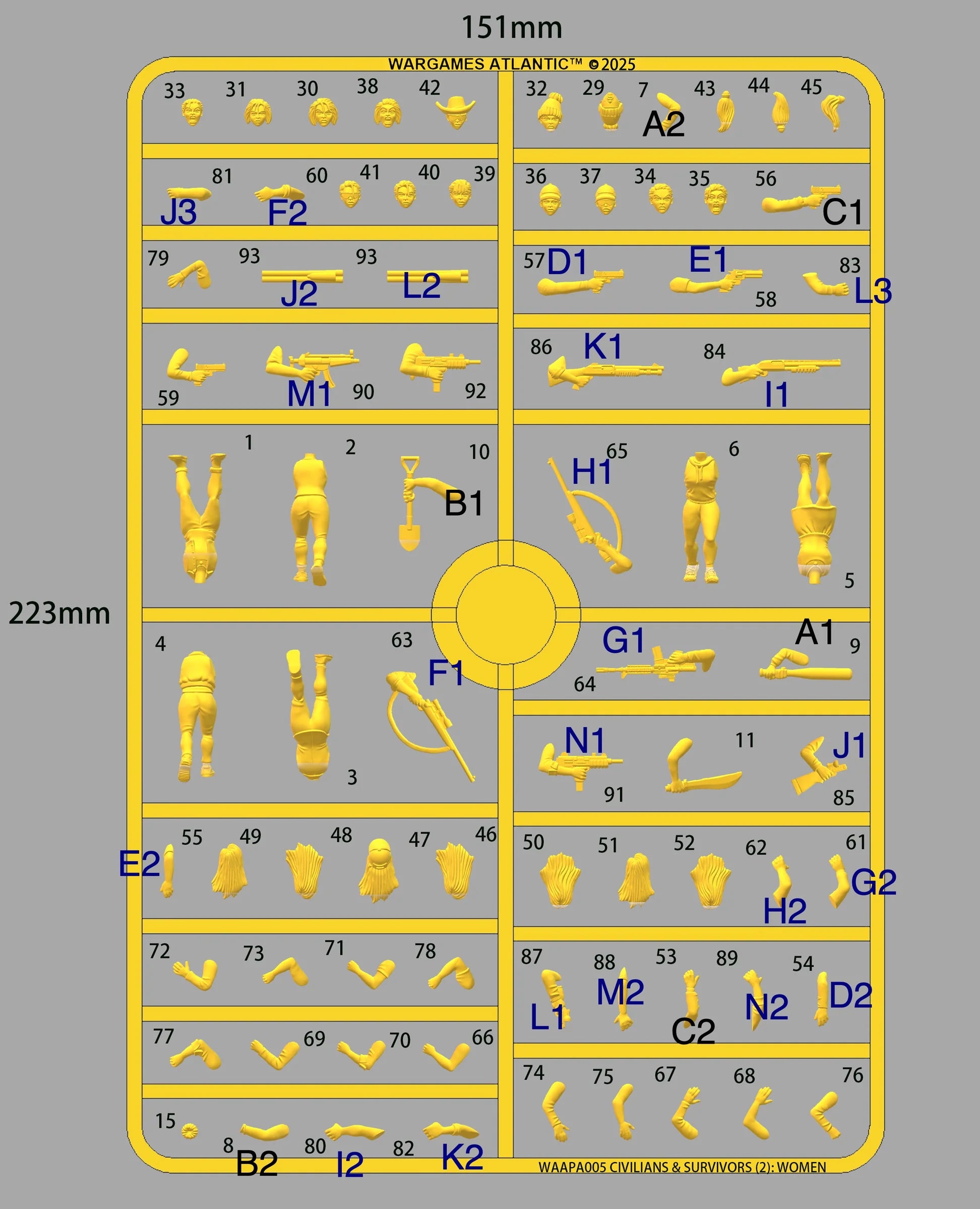 Detailed view of the unpainted gray plastic sprue highlighting weapons, arm poses, and custom heads