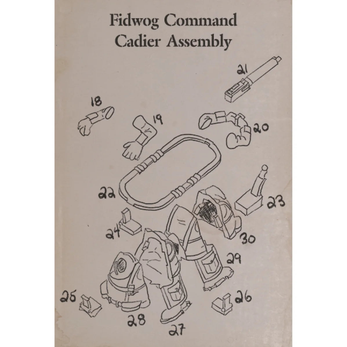 Exploded part diagram showing the multi-part assembly steps for a Fidwog Command Cadier miniature