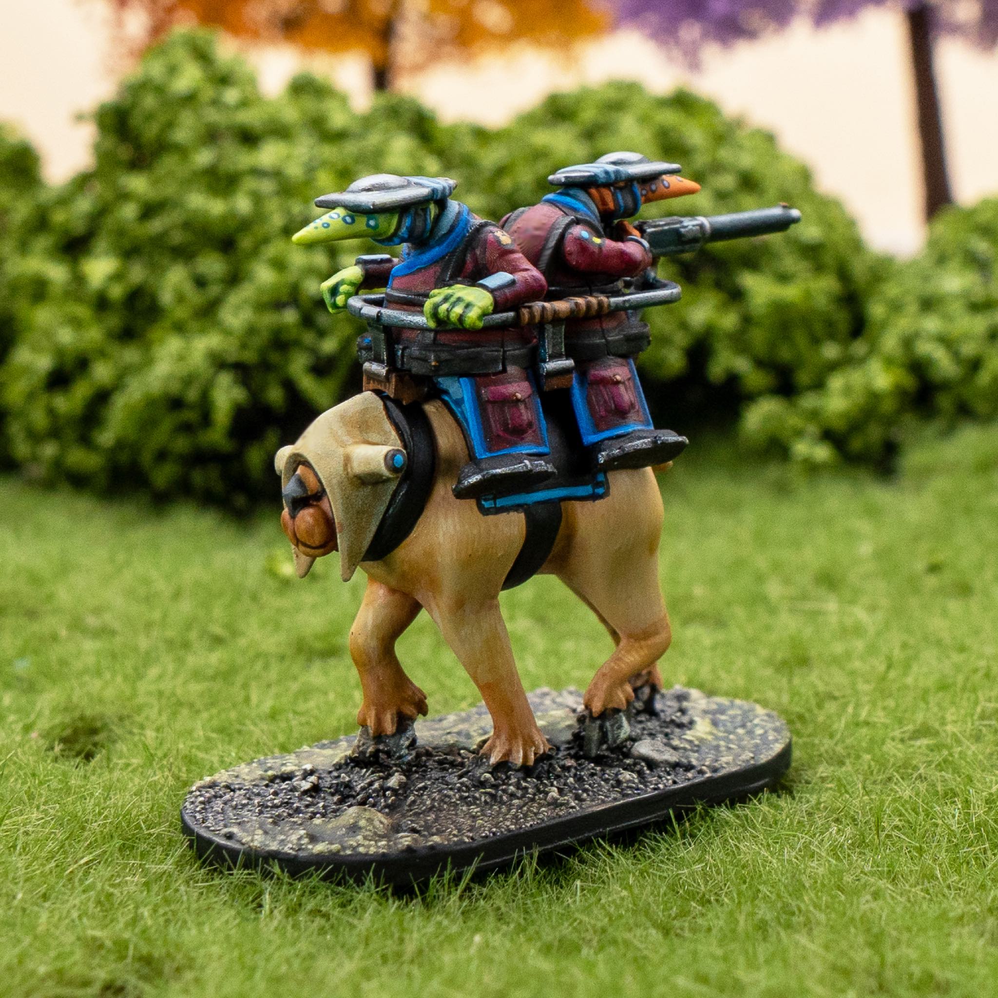 Close-up view of two fully painted Quar rhyflers mounted upon a light brown Cadier steed