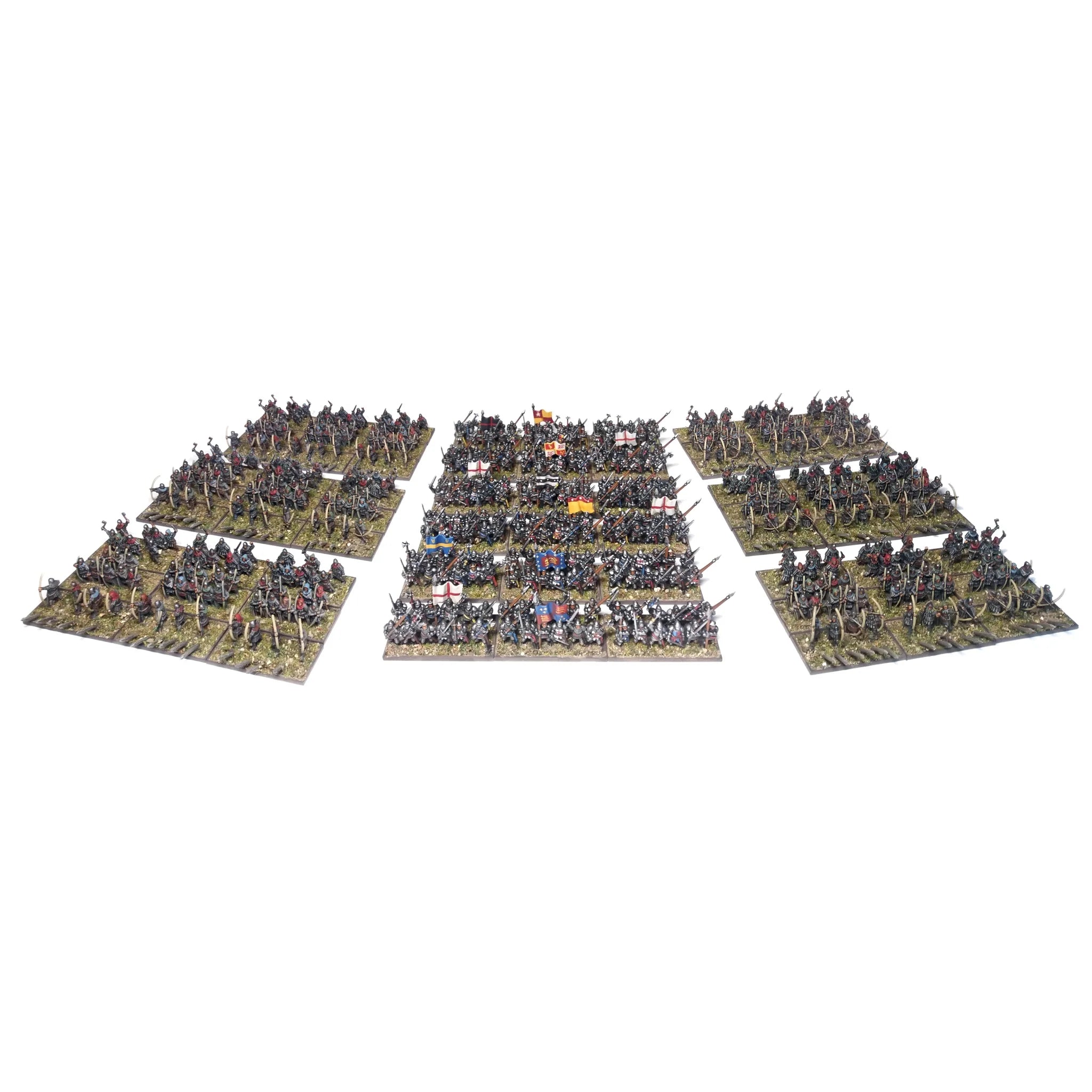 Fully assembled and painted 10mm English army arranged on defensive gaming bases with stakes