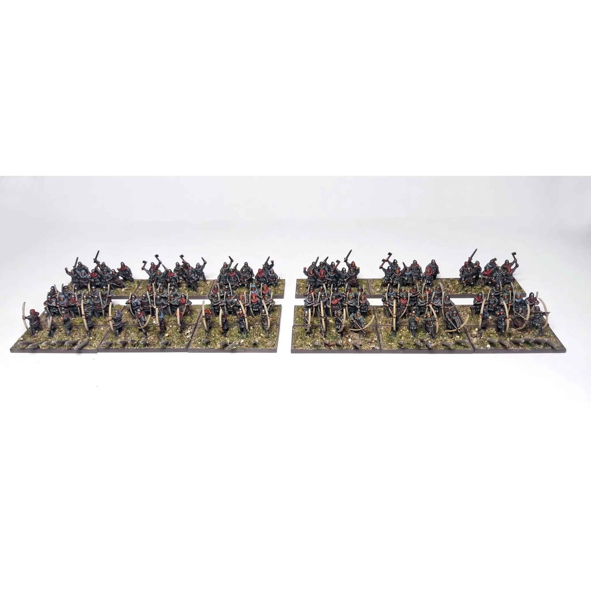 Painted 10mm English archers and dismounted men-at-arms deployed in mass battle formations