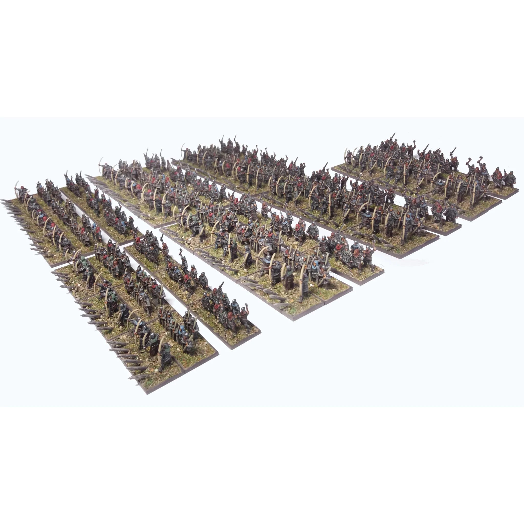 Multiple ranks of painted 10mm English longbowmen deployed with protective stakes