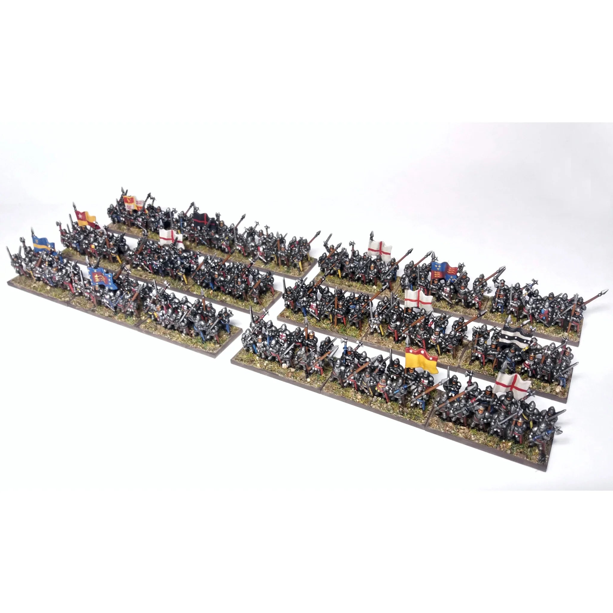 Angled view of fully painted 10mm English knights arranged on rectangular gaming bases