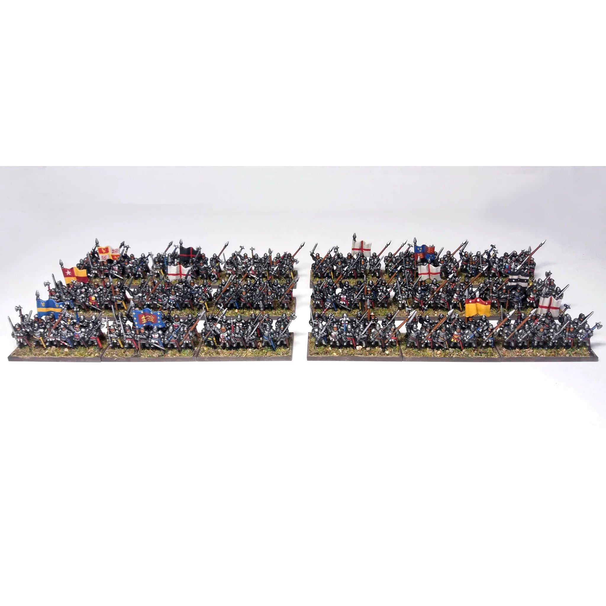Front perspective of painted 10mm English foot knights holding swords and polearms with banners
