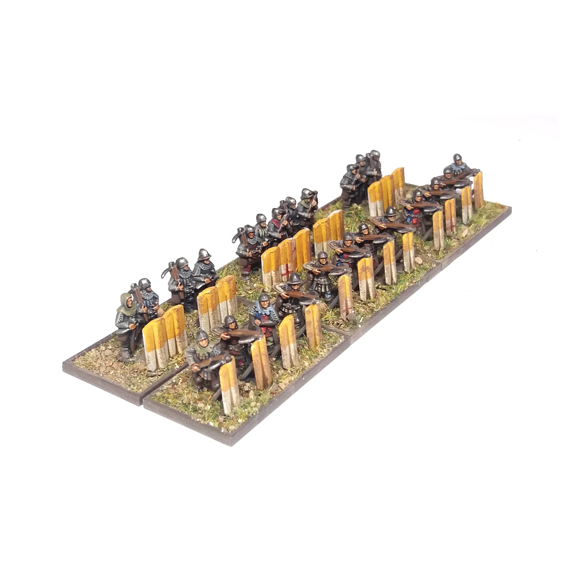 High-angle shot of multiple ranks of 10mm plastic crossbowmen deployed behind defensive pavises