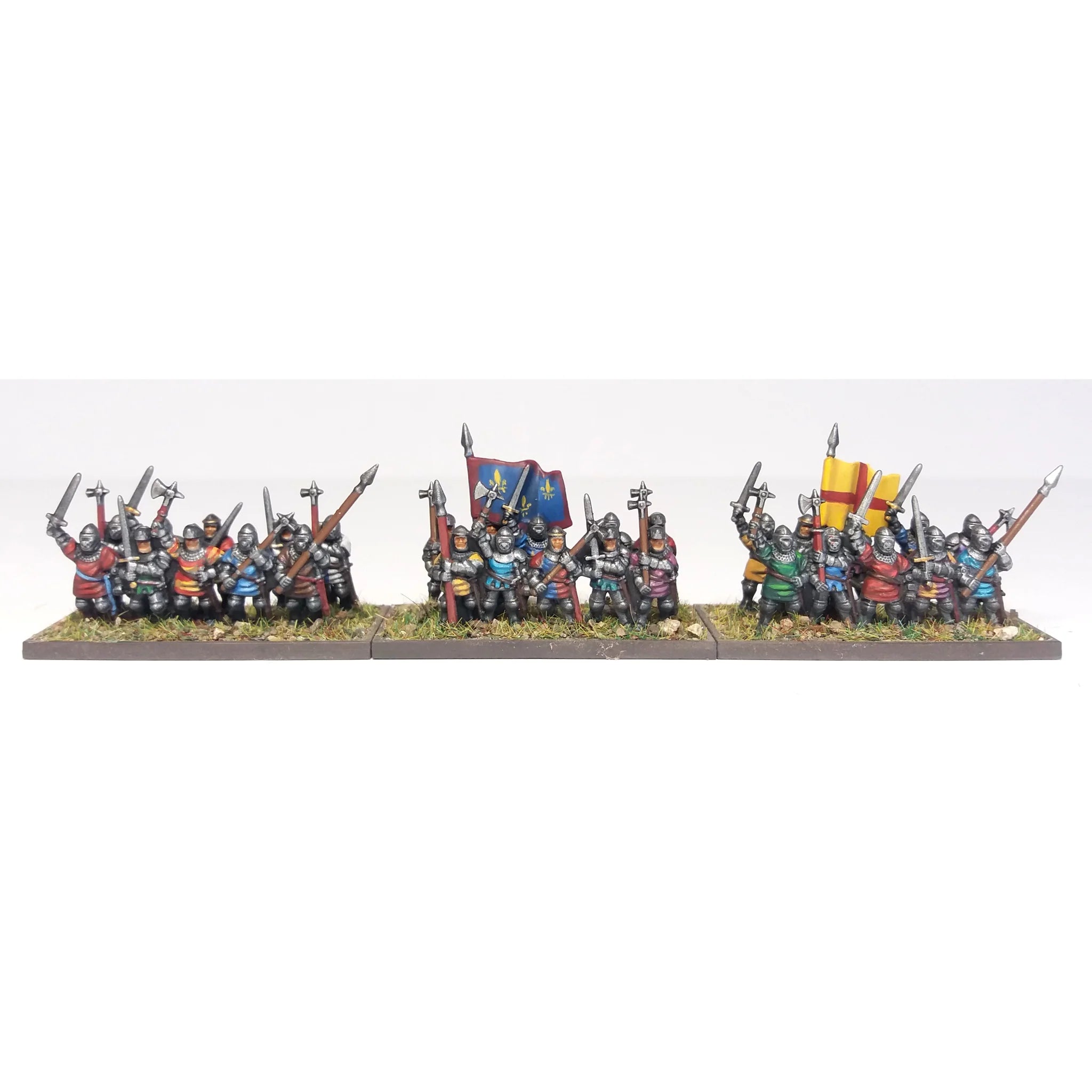 Close-up of painted 10mm French foot knights carrying swords, poleaxes, and banners