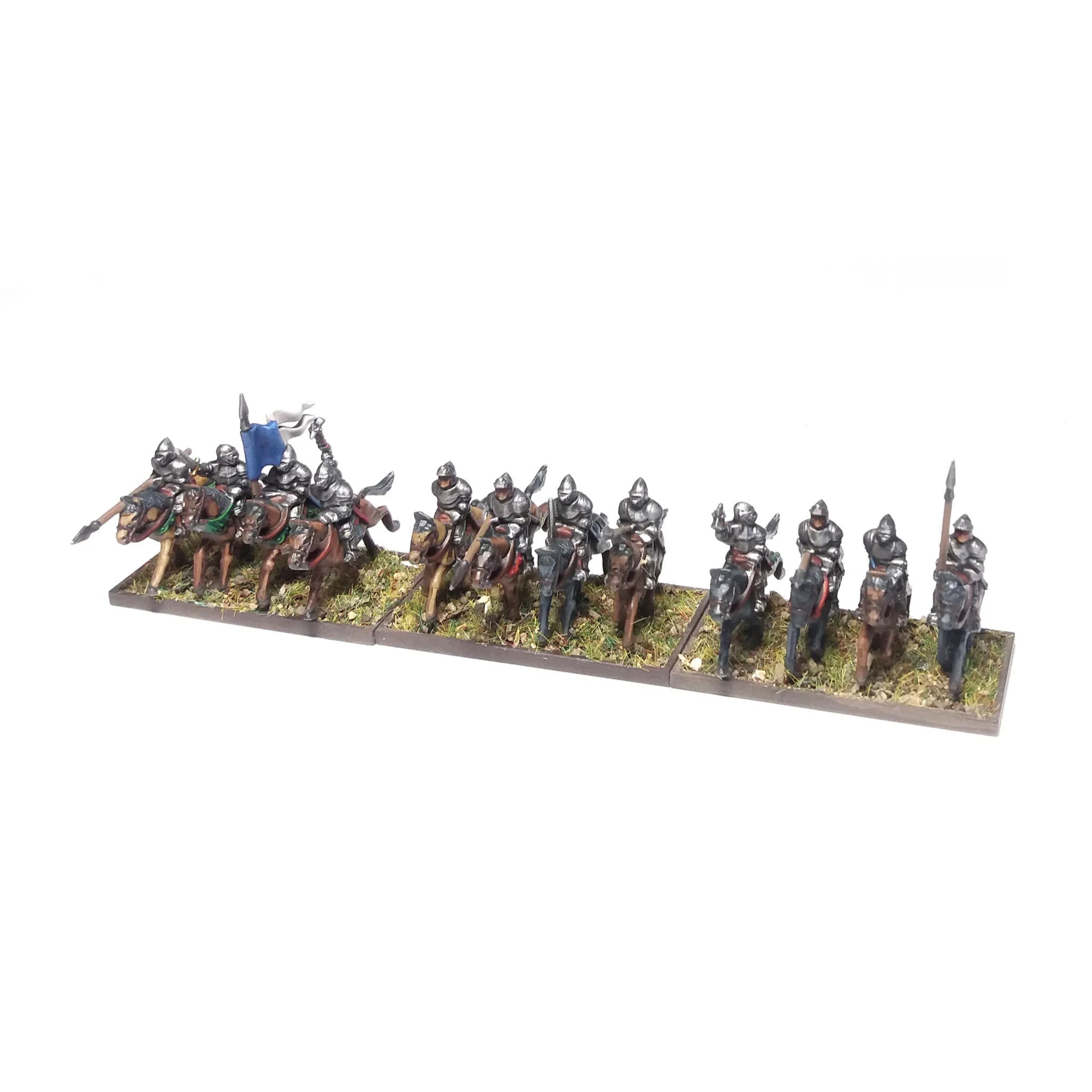 Front perspective of painted 10mm mounted men-at-arms ready for a battlefield charge