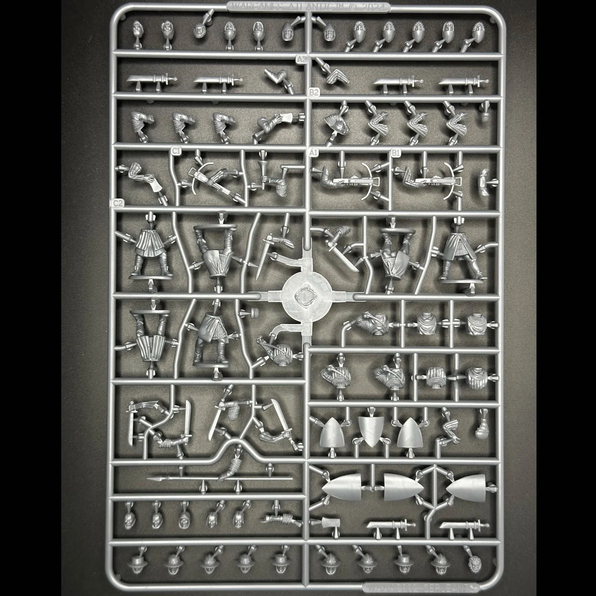 Detailed view of the Wargames Atlantic Foot Serjeants plastic figure sprue