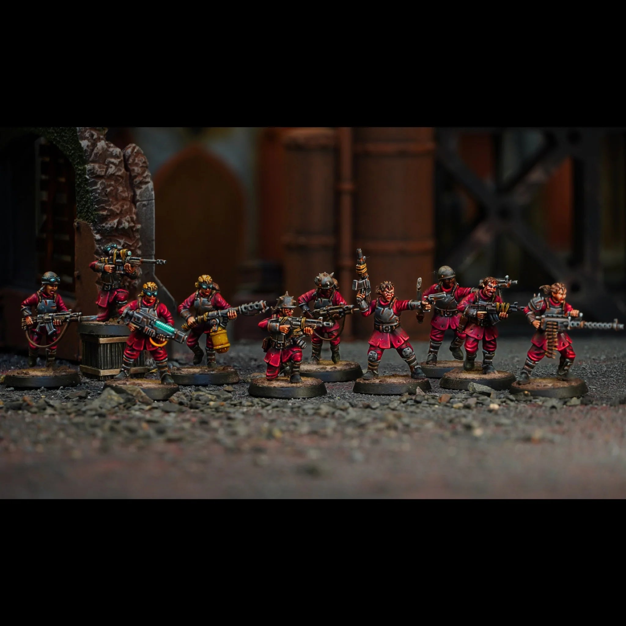 Grouping of ten painted female Damned infantry carrying laser rifles and heavy weaponry