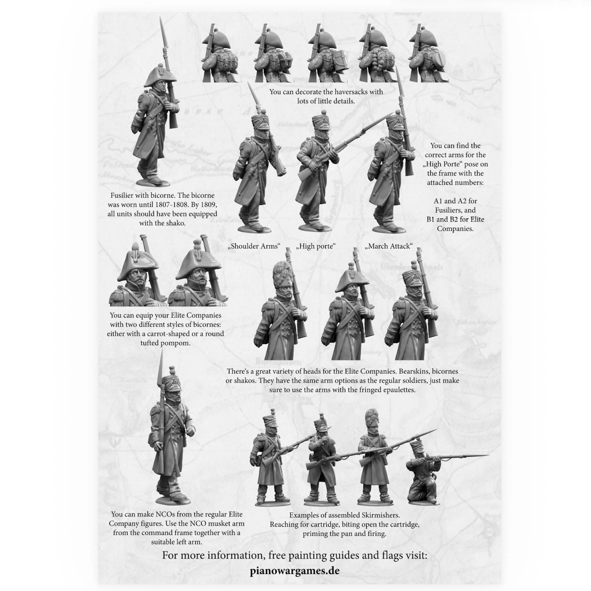 Assembly guide showing French Infantry poses: Shoulder Arms, High Porte, and March Attack.
