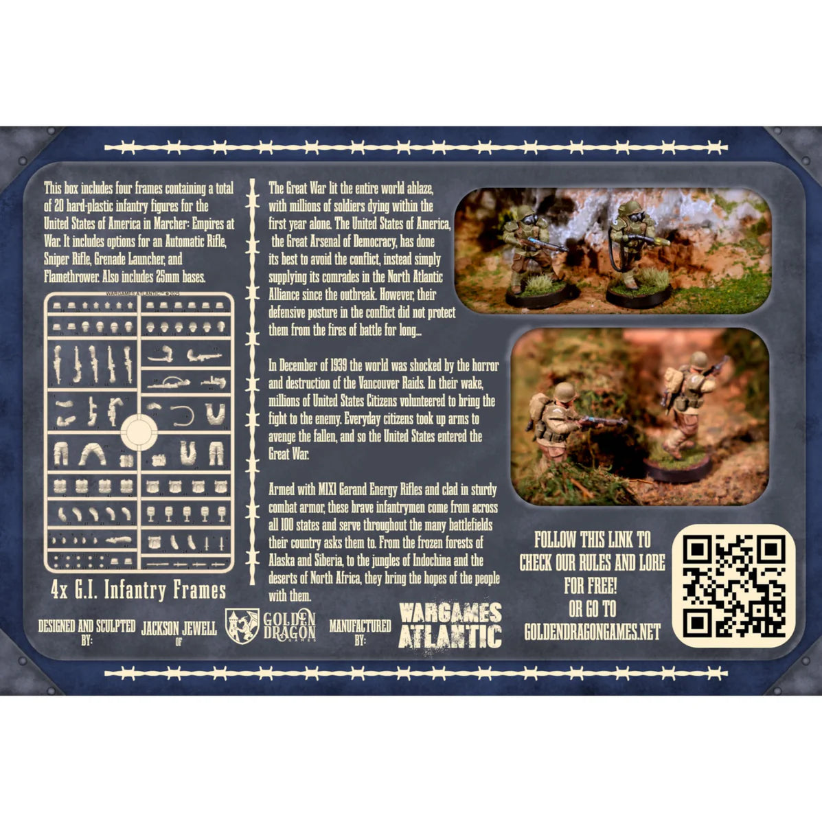 Rear perspective of the Marcher United States Infantry box showing sprue breakdown and painted models