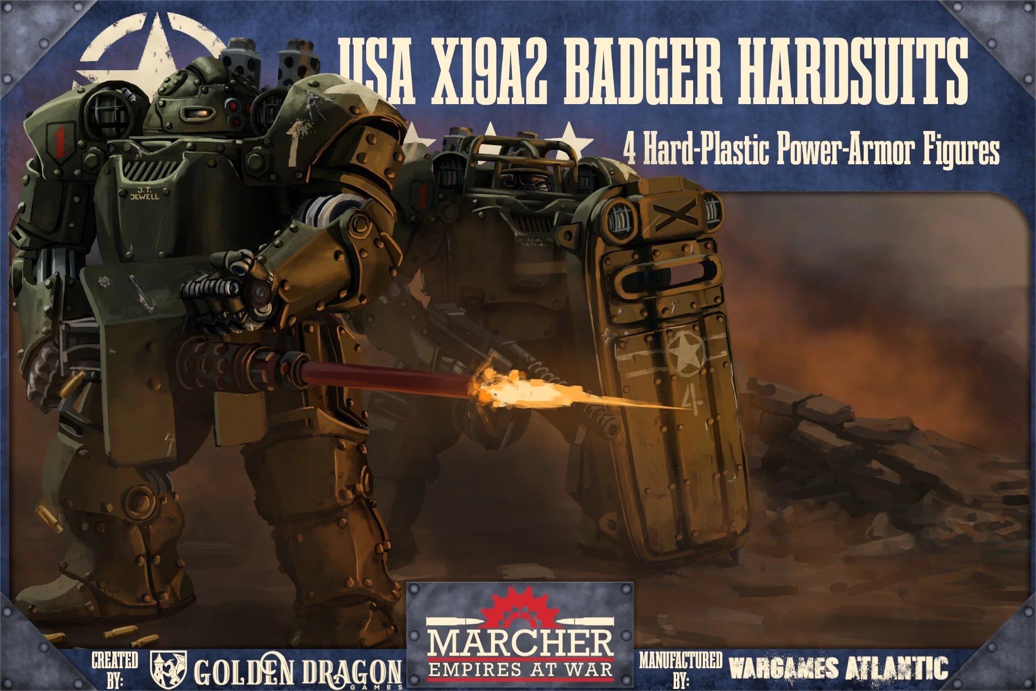 Wargames Atlantic Marcher USA X19A2 Badger Hardsuits 28mm plastic figure box artwork