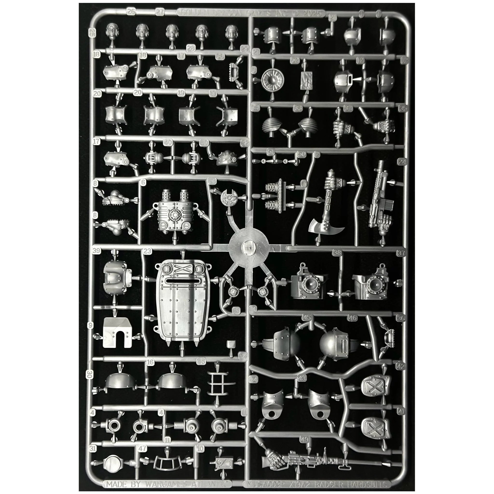 Front perspective of the Wargames Atlantic Badger Hardsuit sprue showing shields weapons and torsos