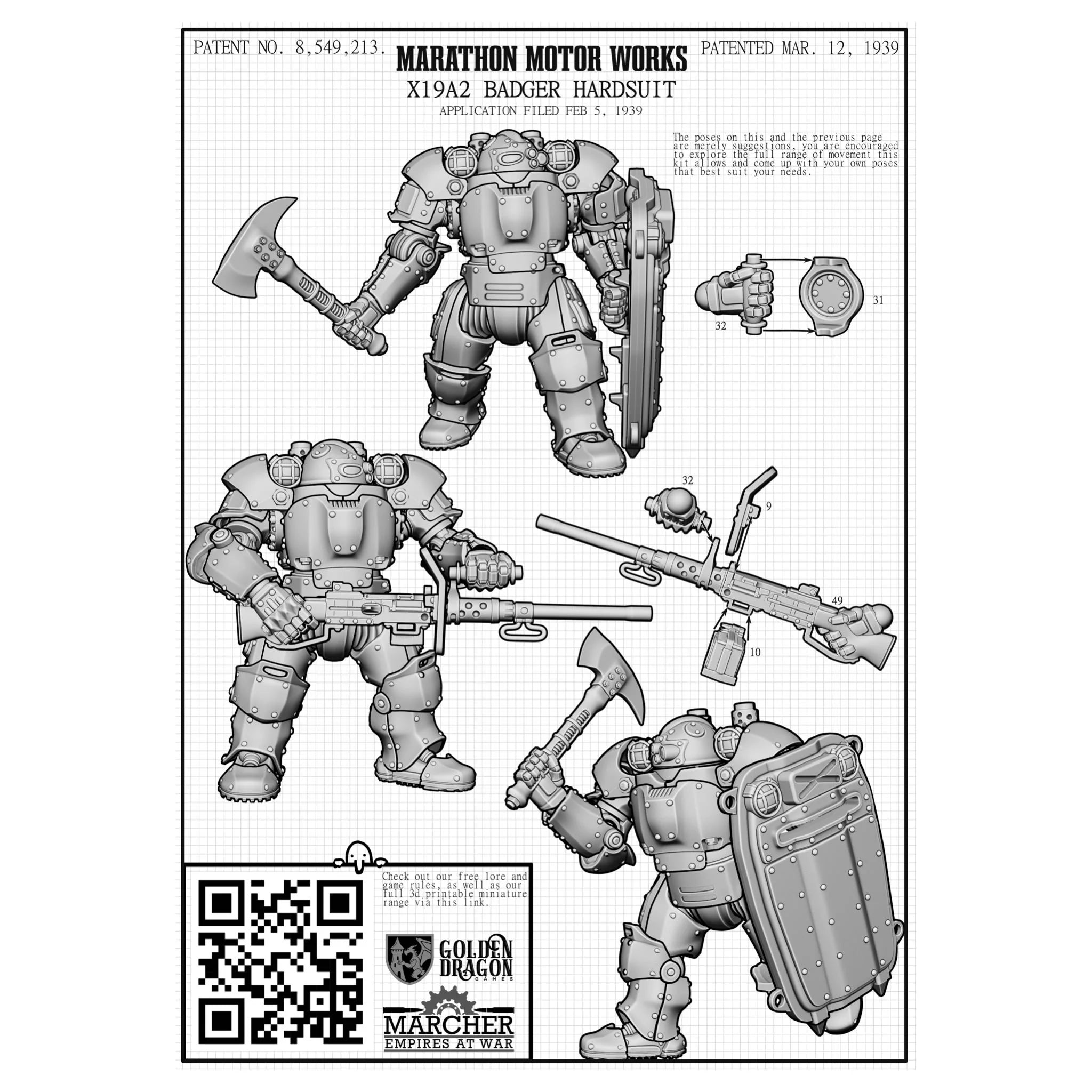 Technical assembly guide page highlighting Badger Hardsuit loadout variations and arms