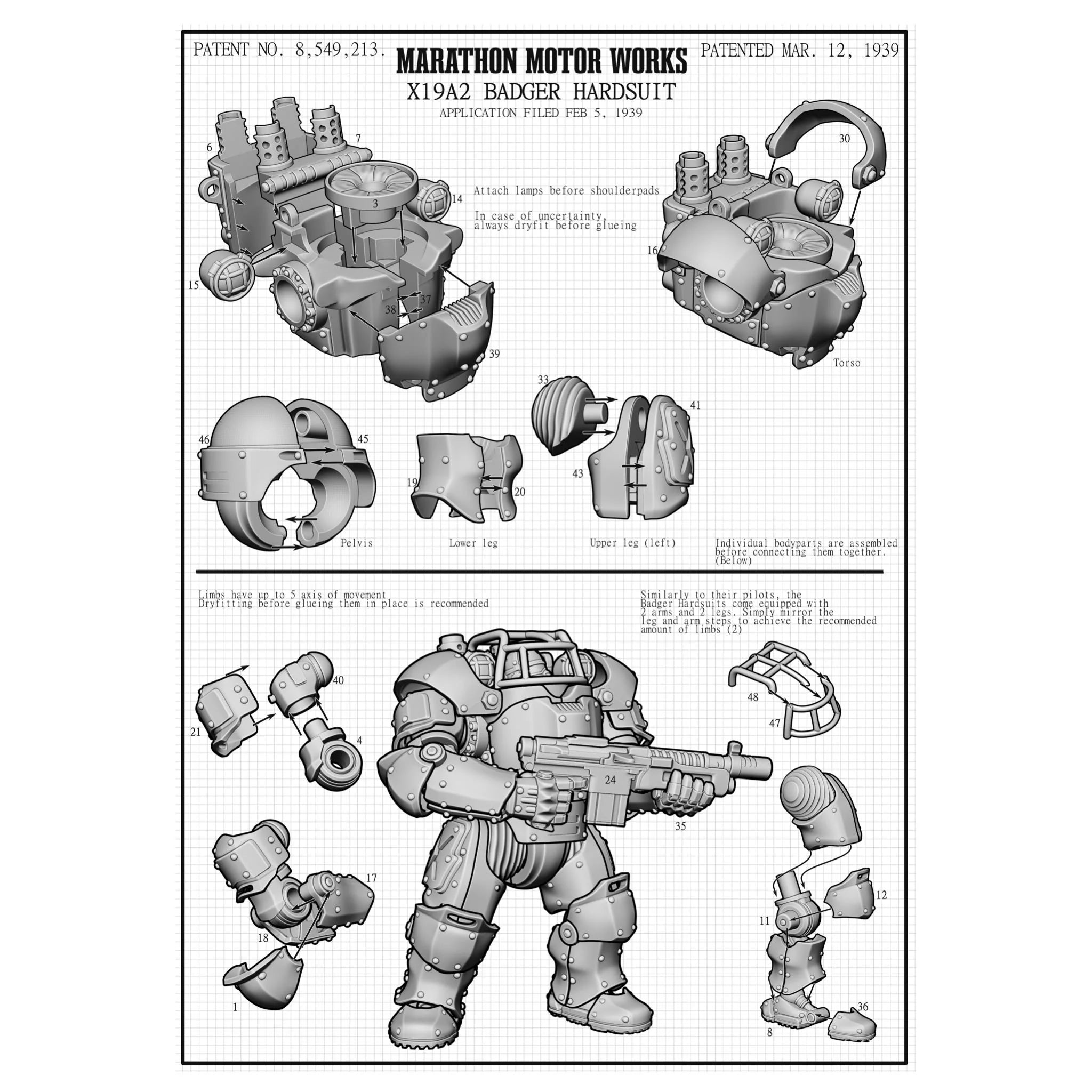 Patent style assembly instruction manual sheet for Marathon Motor Works X19A2 Badger Hardsuit