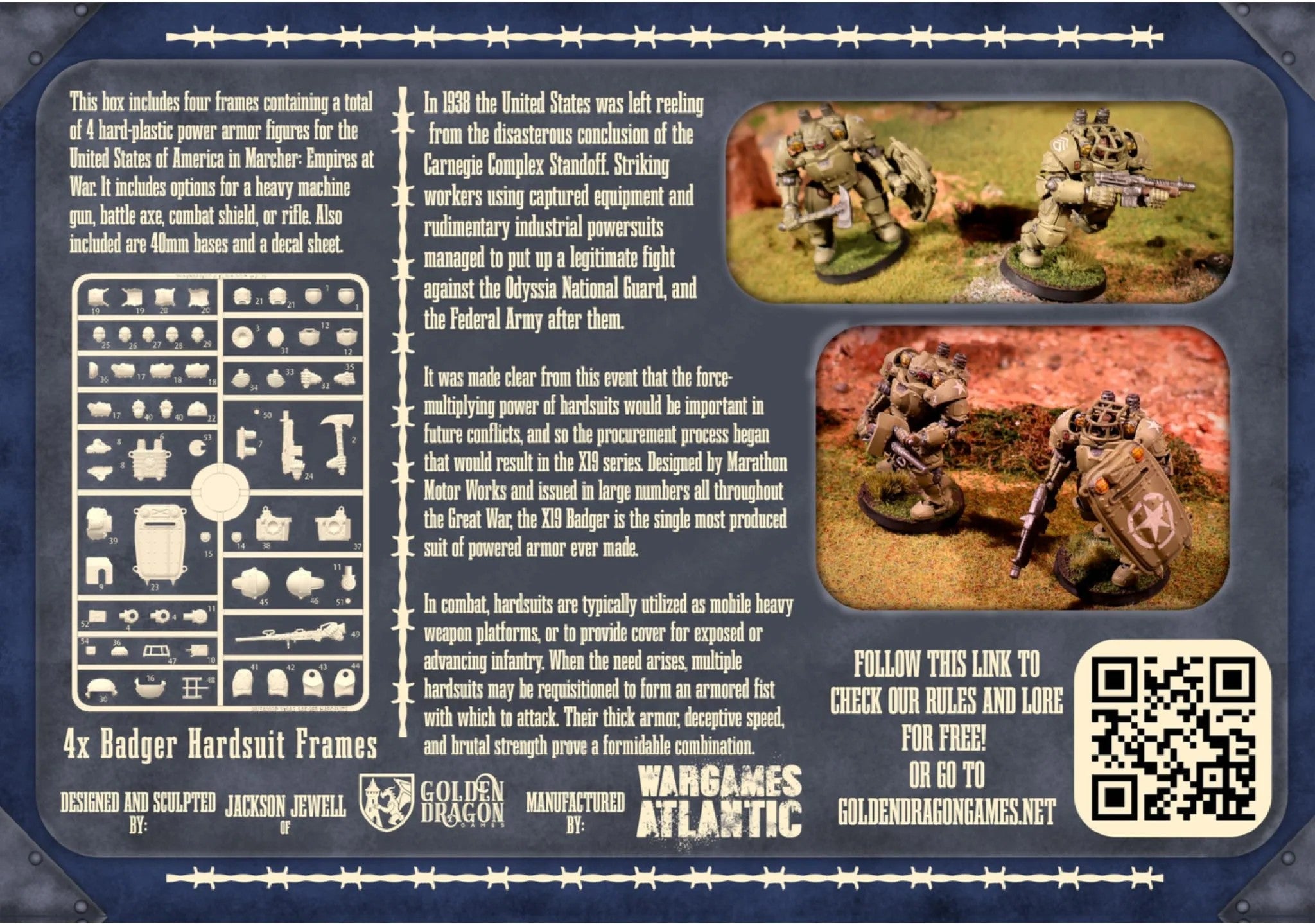 Rear perspective of Marcher X19A2 Badger Hardsuits box showing sprue layout and painted models