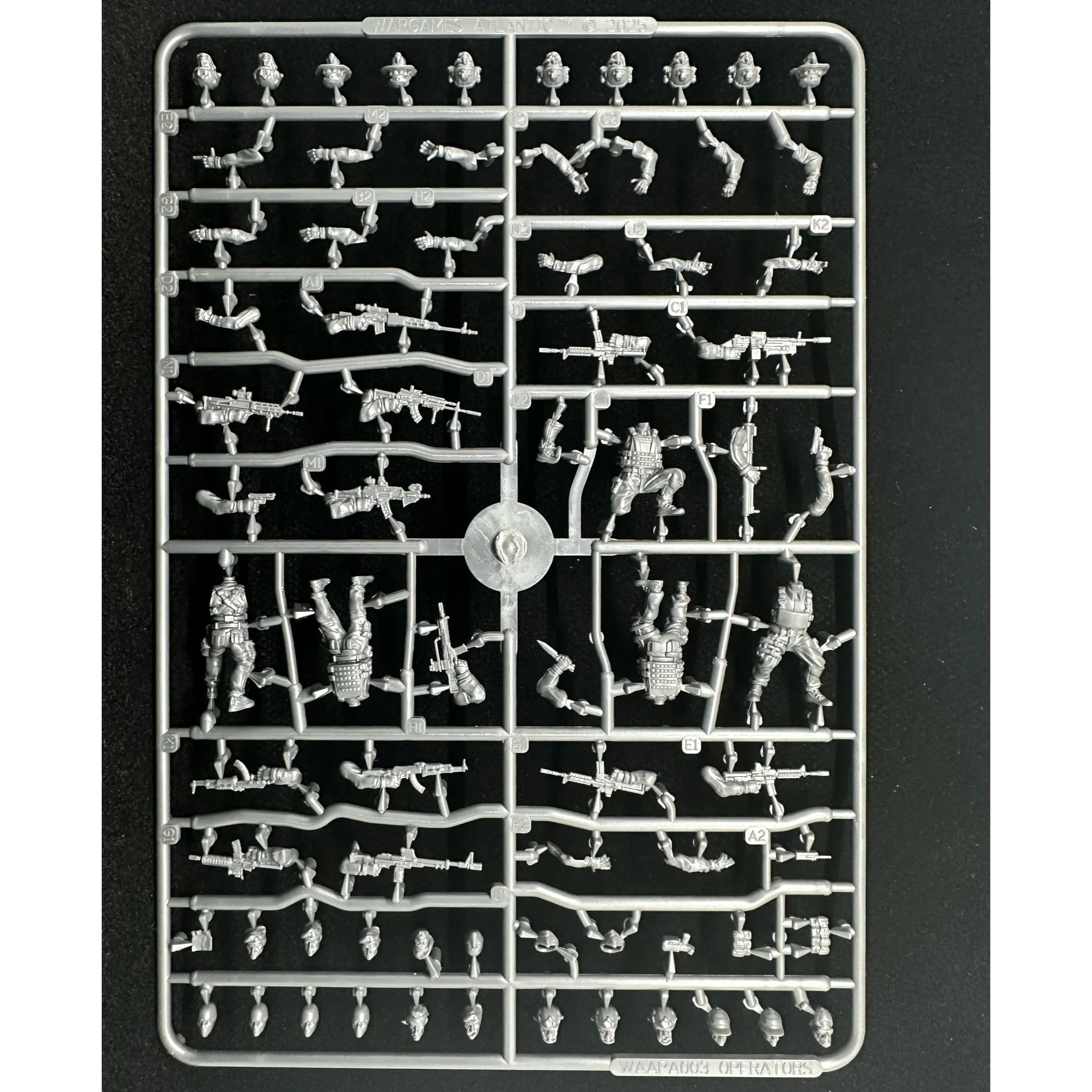 Wargames Atlantic Operators sprue showing 27 unique heads.