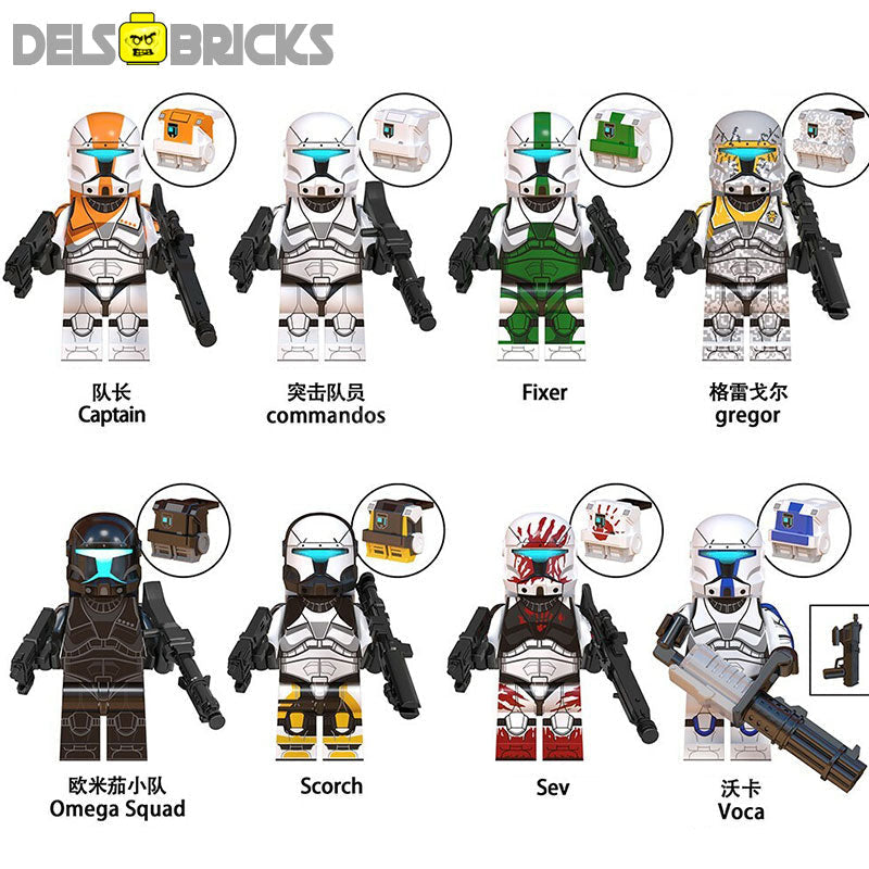 DelsBricks Star Wars Delta Squad Clone Commandos Lego-compatible minifigures set of 8 front view