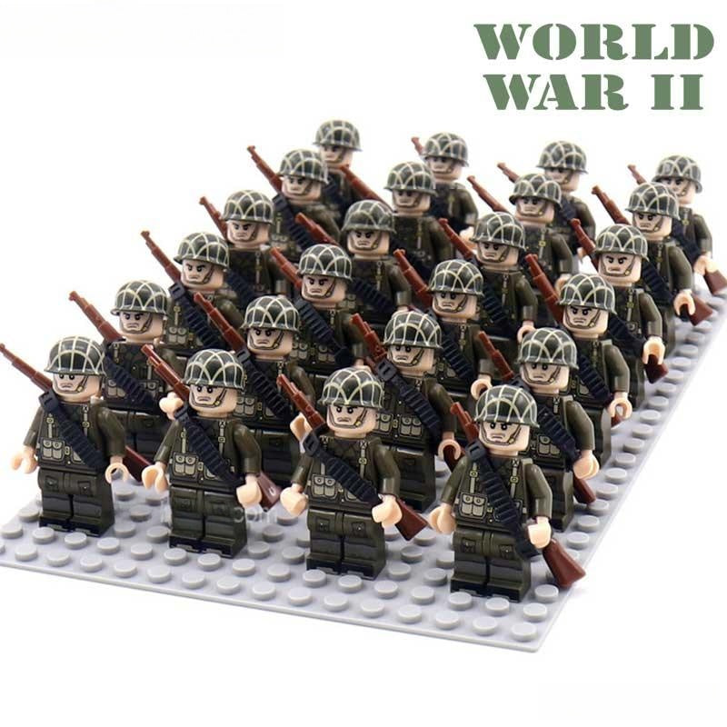 Minifigure Toys World War 2 American Soldiers set of 24 custom minifigures in olive drab uniforms with M1 Garand rifles.