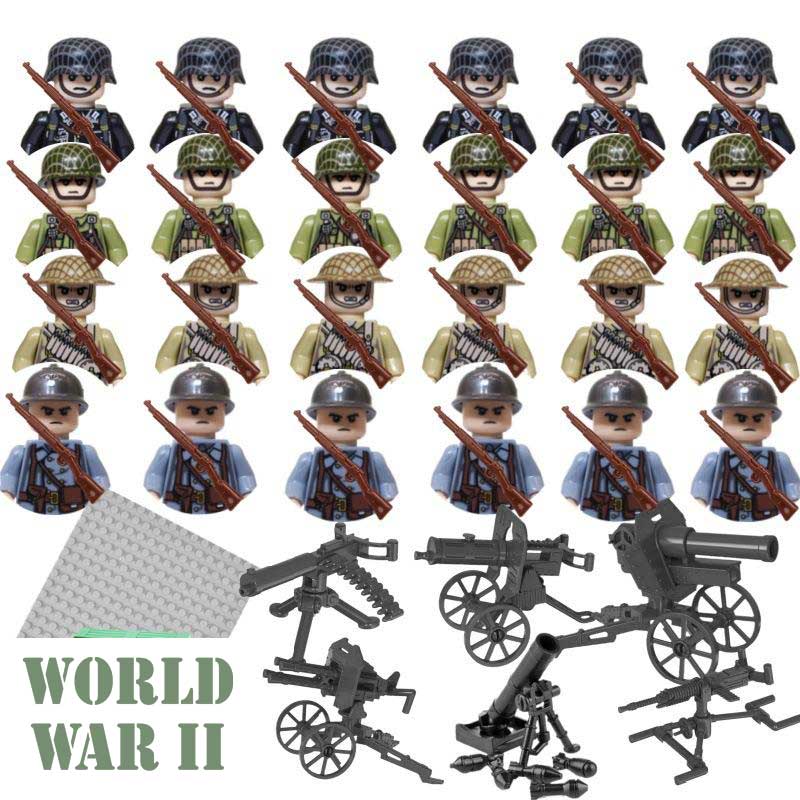 Minifigure Toys custom World War II building brick soldiers representing US Army Wehrmacht British Brodie and French Adrian infantry with rifles.