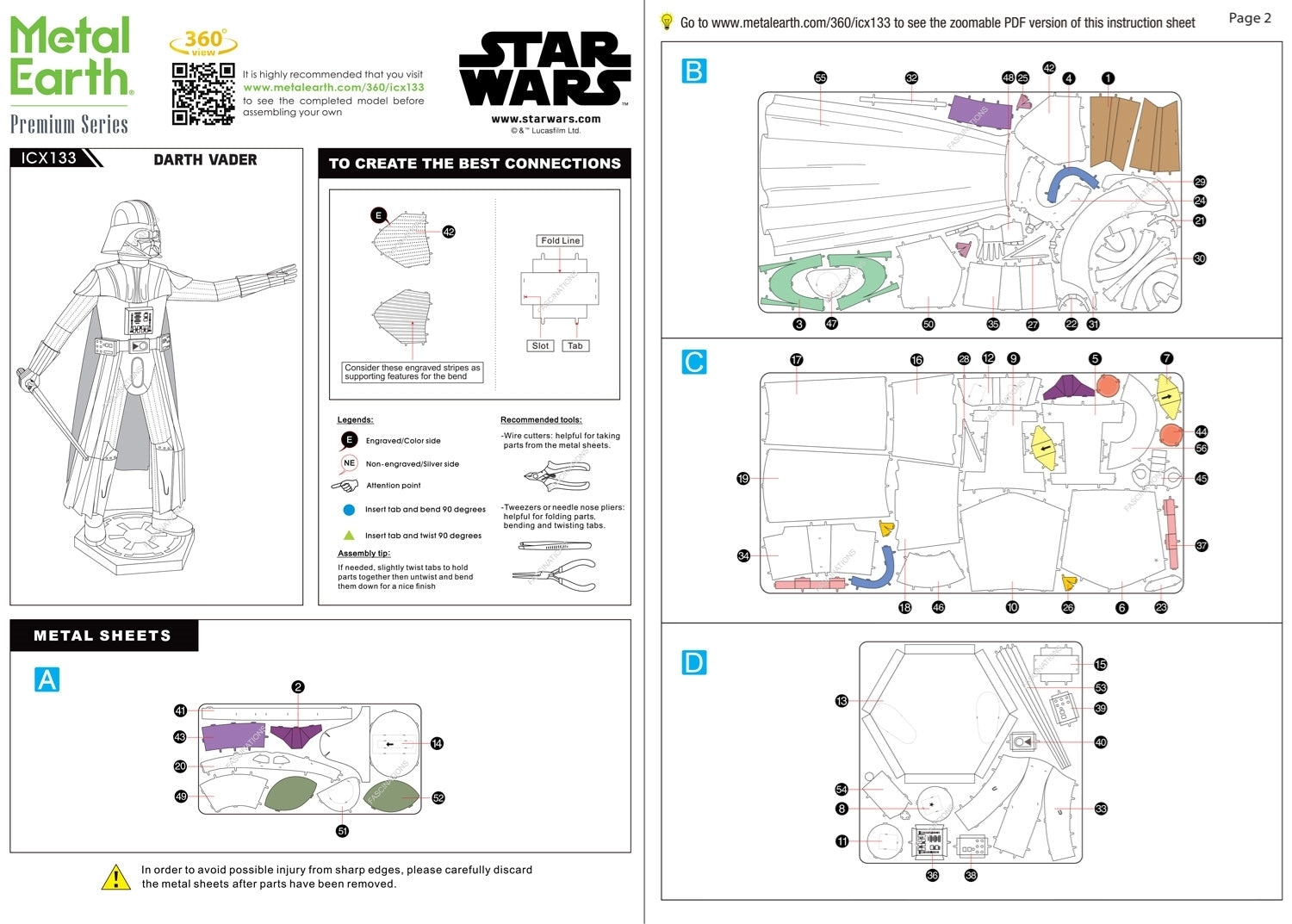 Star Wars Darth Vader Metal Earth Iconx Model Kit  Instructions Page 1 & 2