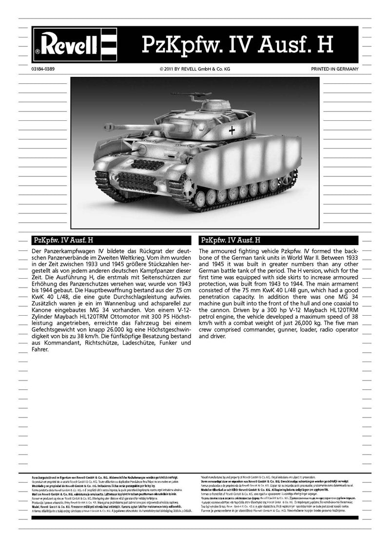 PzKpfw IV Ausf. H 1/72 Scale Model Kit Instructions Page 1