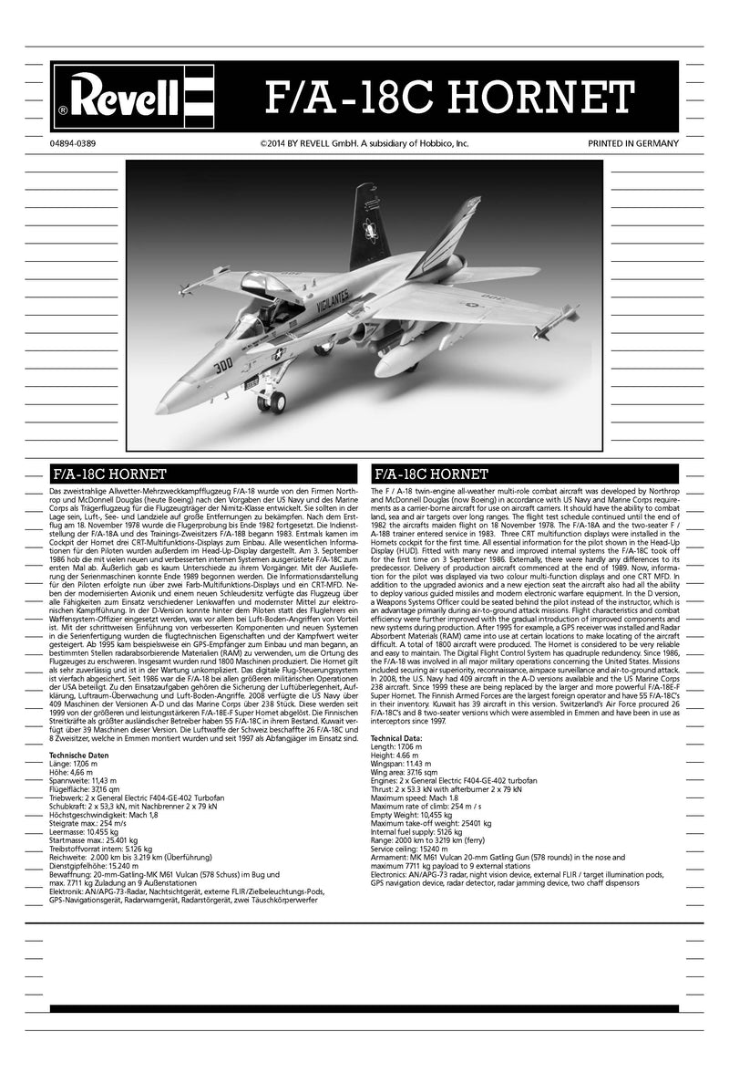Boeing F-18C Hornet 1:72 Scale Model Kit By Revell Germany Instructions Page 1