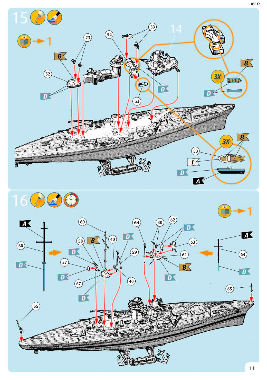 Scharnhorst Battleship WWII, 1/570 Scale Model Kit Instructions Page 11