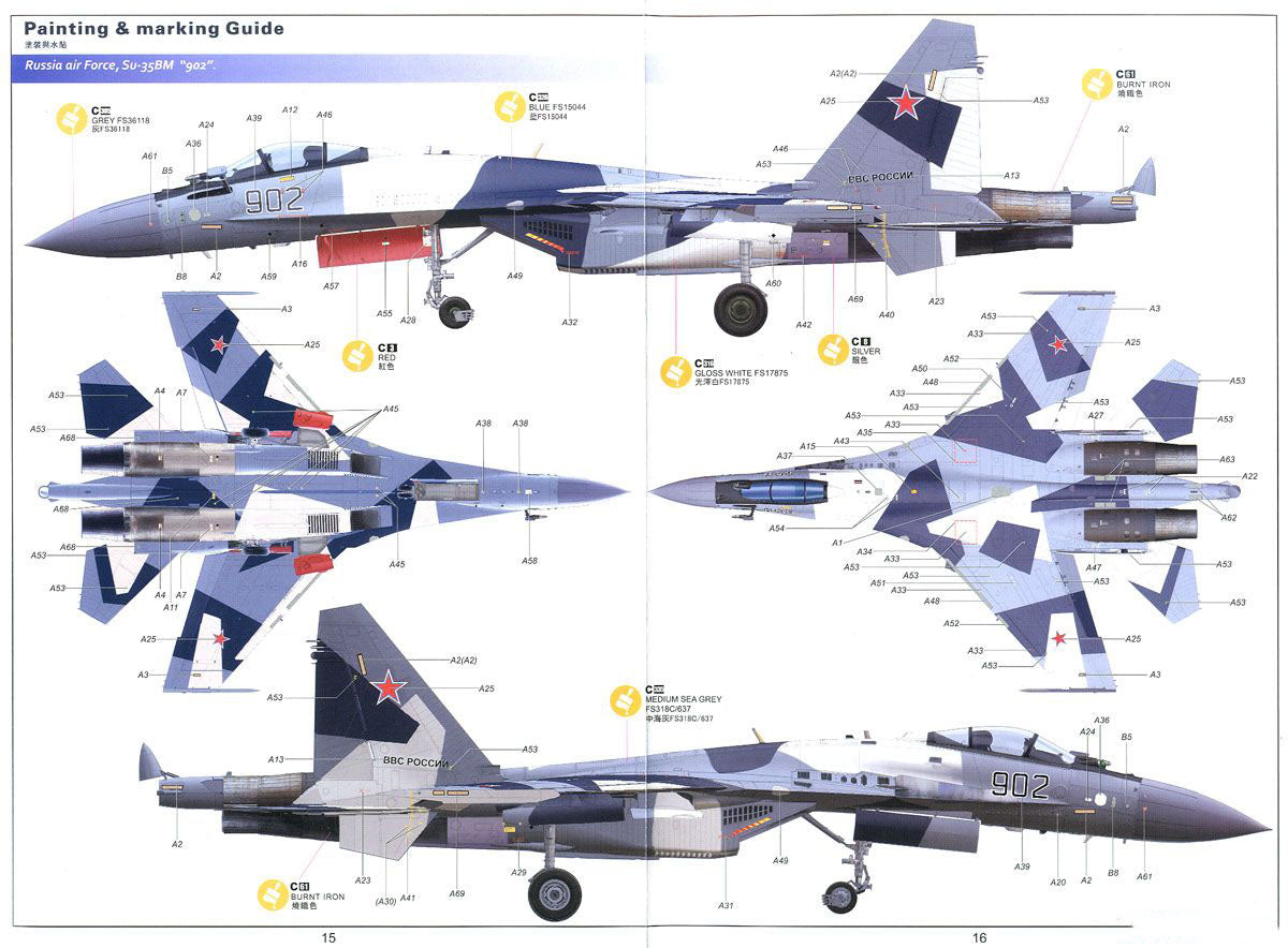 Sukhoi Su-35 Flanker E, 1:48 Scale Model Kit By Kitty Hawk Su-35BM #902 Paint Guide