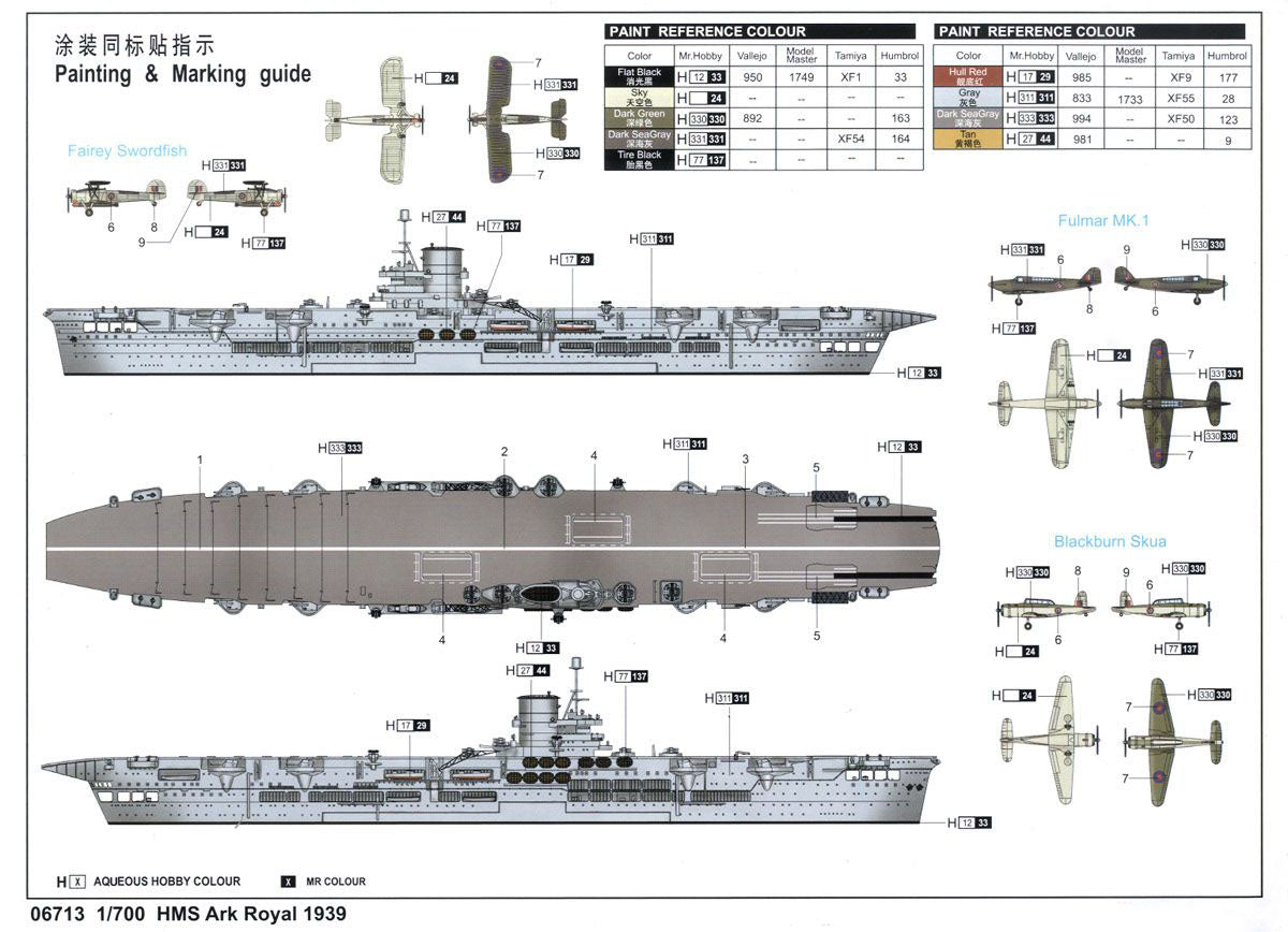 HMS Ark Royal Aircraft Carrier 1939, 1:700 Scale Model Kit Paint Guide