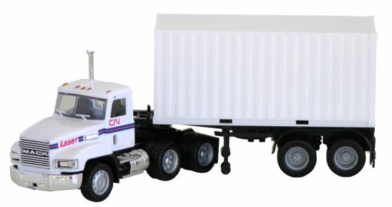 Mack 603 Tractor (White) w/ 20’ Container Trailer 1:87 (HO) Scale Model By Promotex