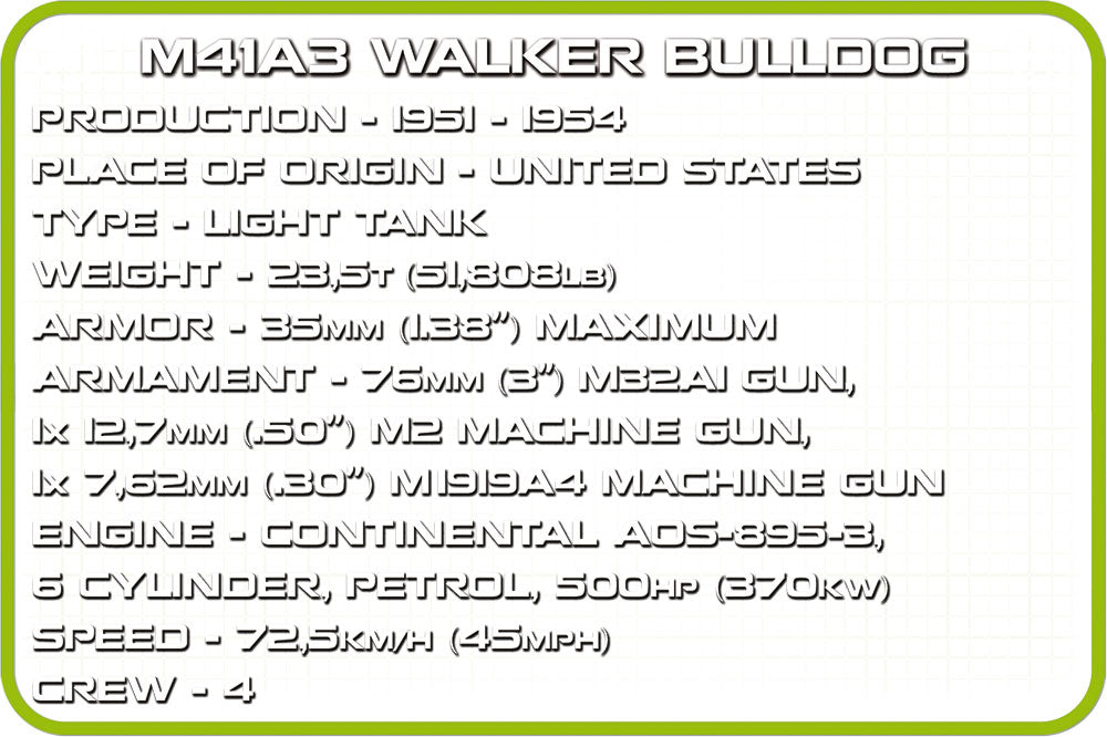 M41A3 Walker Bulldog Tank 625 Piece Block Kit Information 